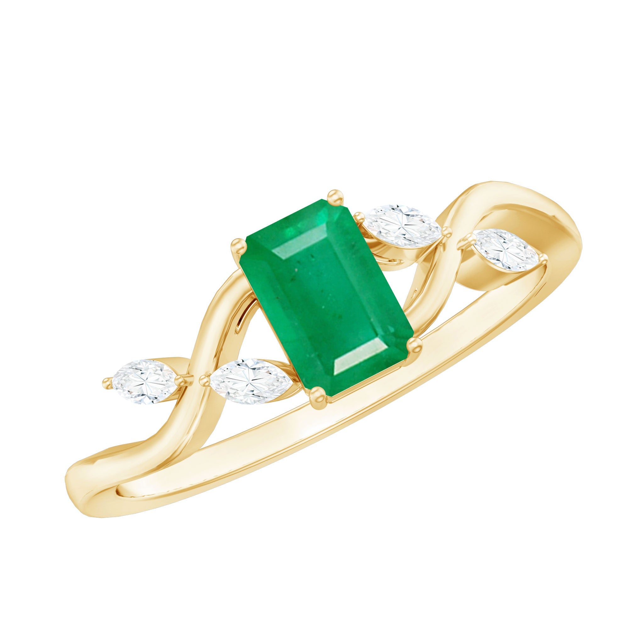 Emerald Engagement Ring – Designer Emerald Cut Ring with Marquise Diamond Band