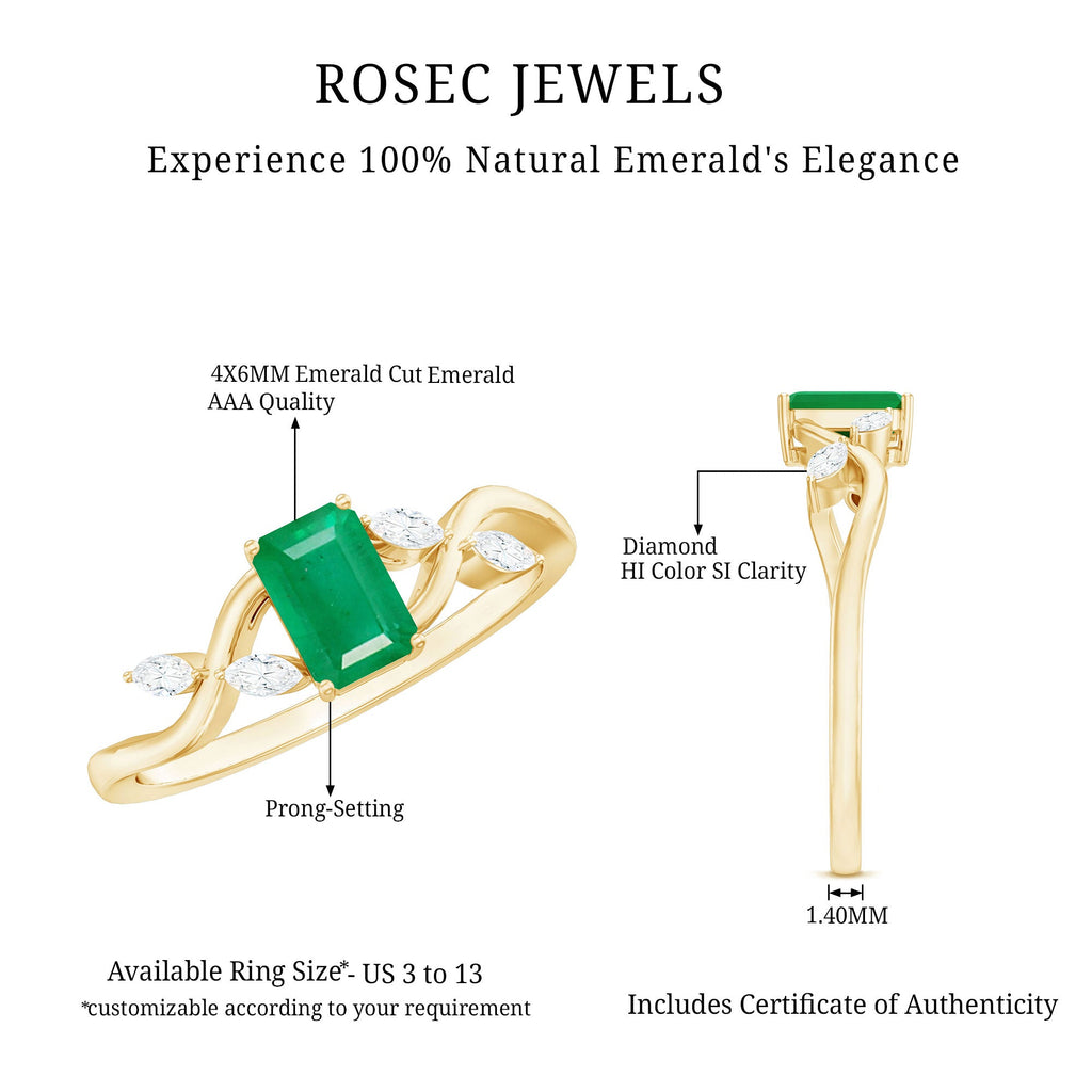 Emerald Engagement Ring – Designer Emerald Cut Ring with Marquise Diamond Band