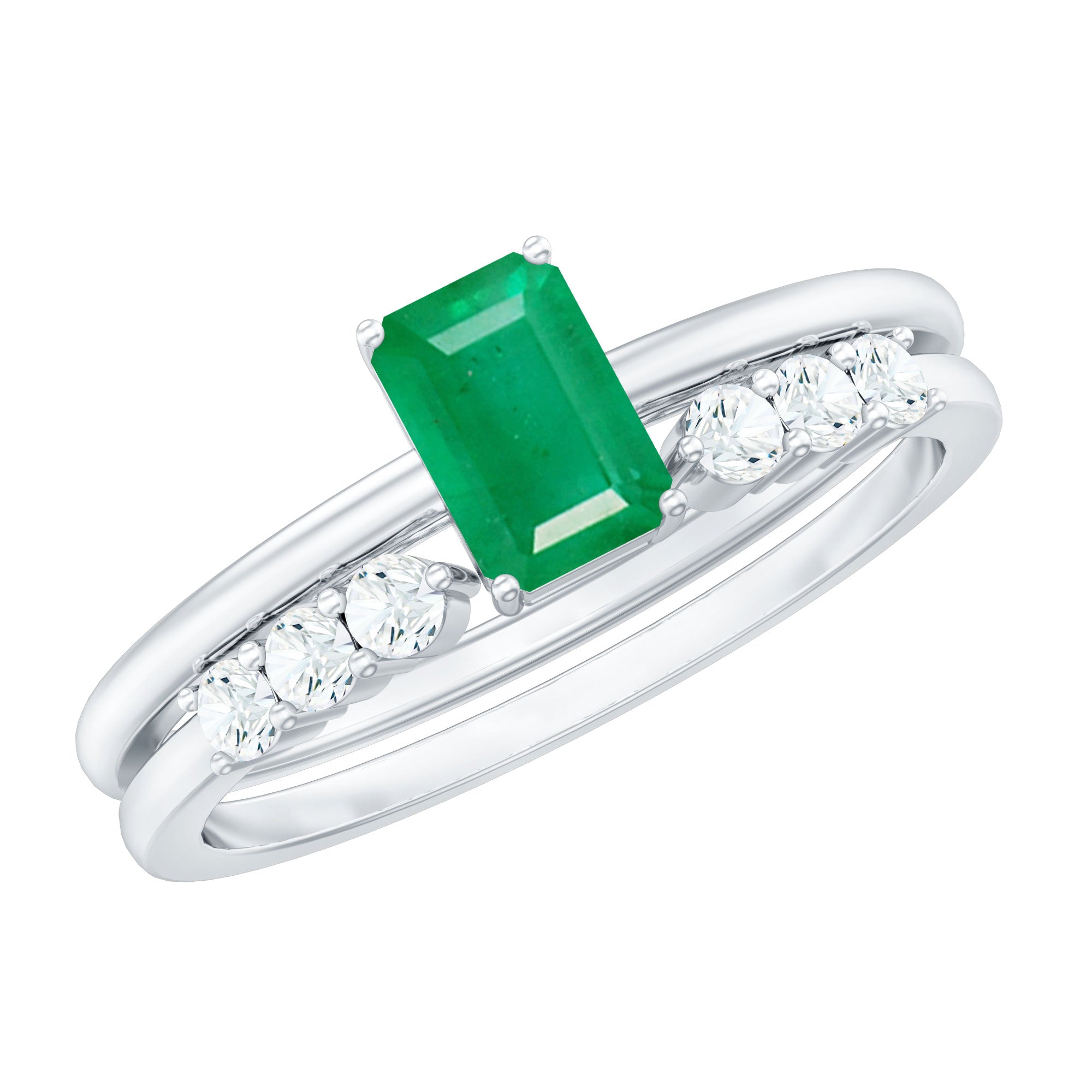 Emerald Cut Engagement Ring - Minimalist Bridal Ring Set With Diamond Wedding Bands