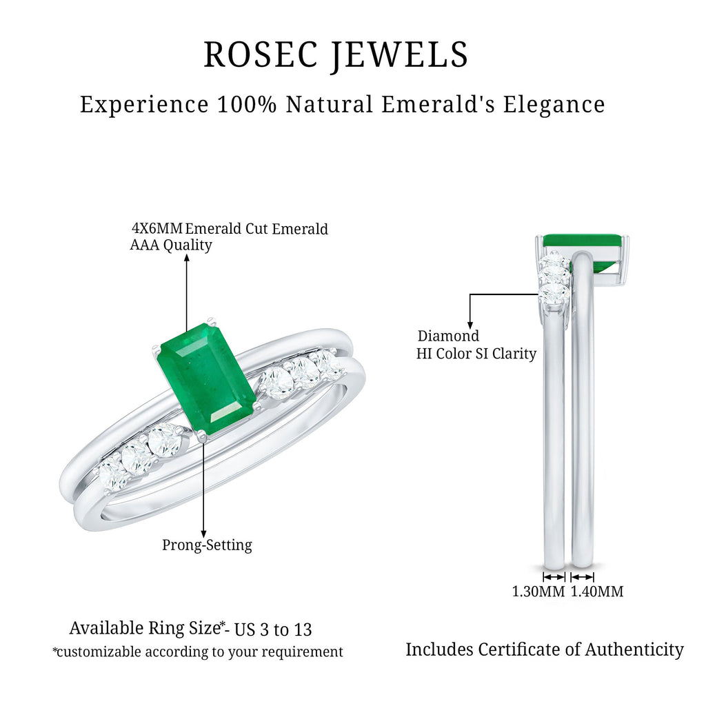 Emerald Cut Engagement Ring - Minimalist Bridal Ring Set With Diamond Wedding Bands