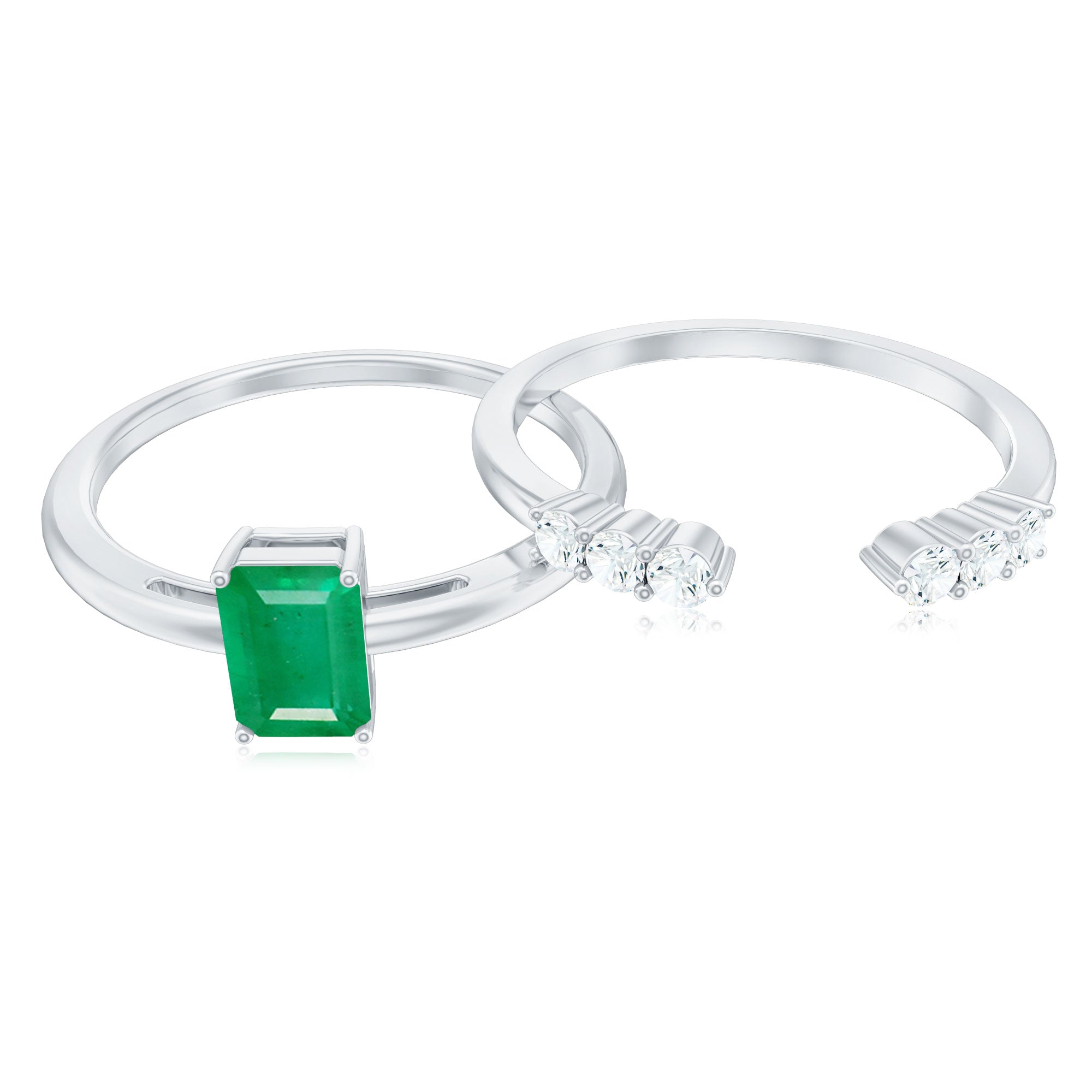 Emerald Cut Engagement Ring - Minimalist Bridal Ring Set With Diamond Wedding Bands