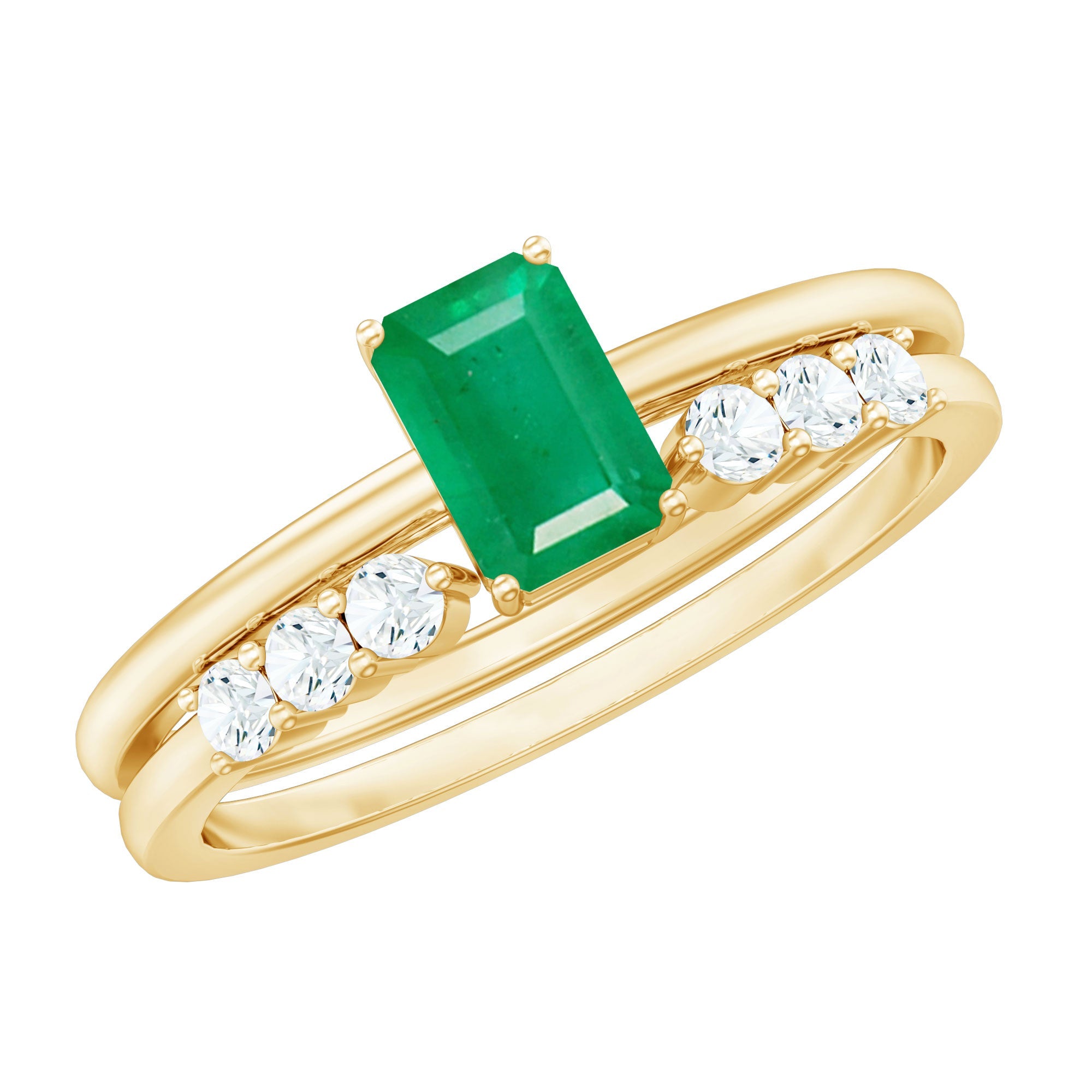 Emerald Cut Engagement Ring - Minimalist Bridal Ring Set With Diamond Wedding Bands