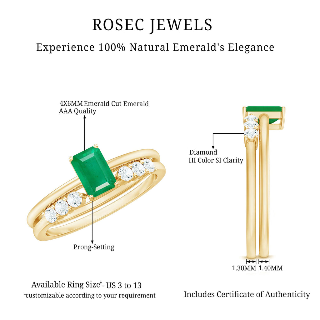 Emerald Cut Engagement Ring - Minimalist Bridal Ring Set With Diamond Wedding Bands
