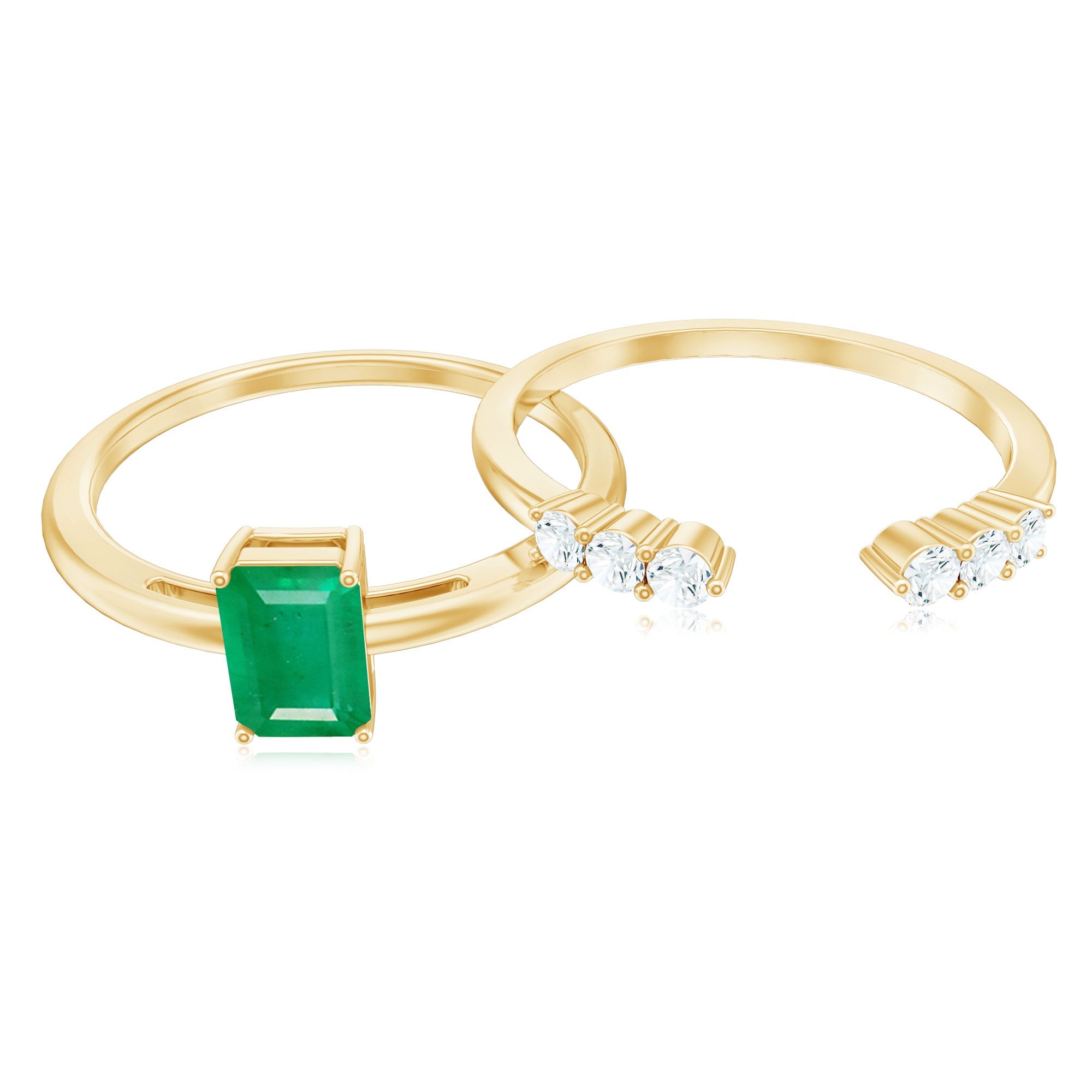 Emerald Cut Engagement Ring - Minimalist Bridal Ring Set With Diamond Wedding Bands