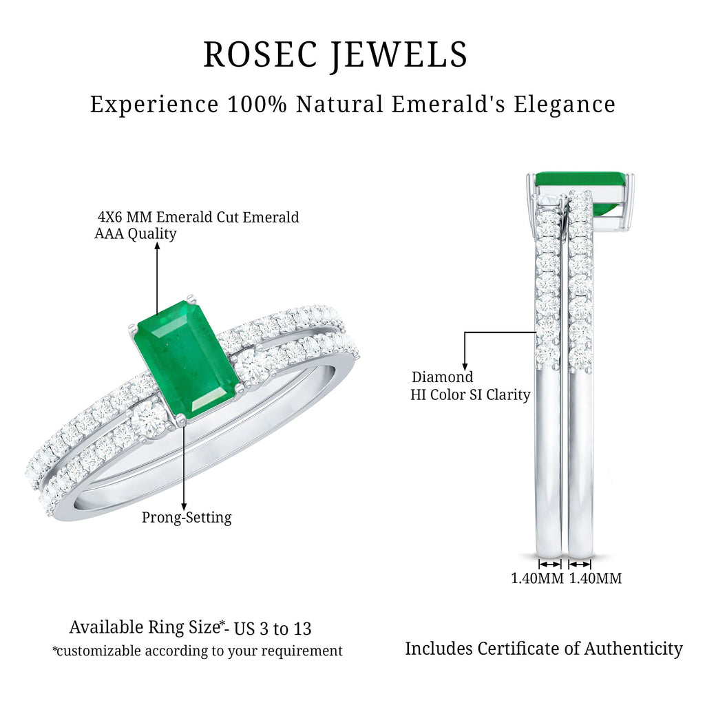 Emerald Diamond Engagement Ring - Solitaire Emerald Cut Ring with Diamond Side Stones | Wedding Band Set