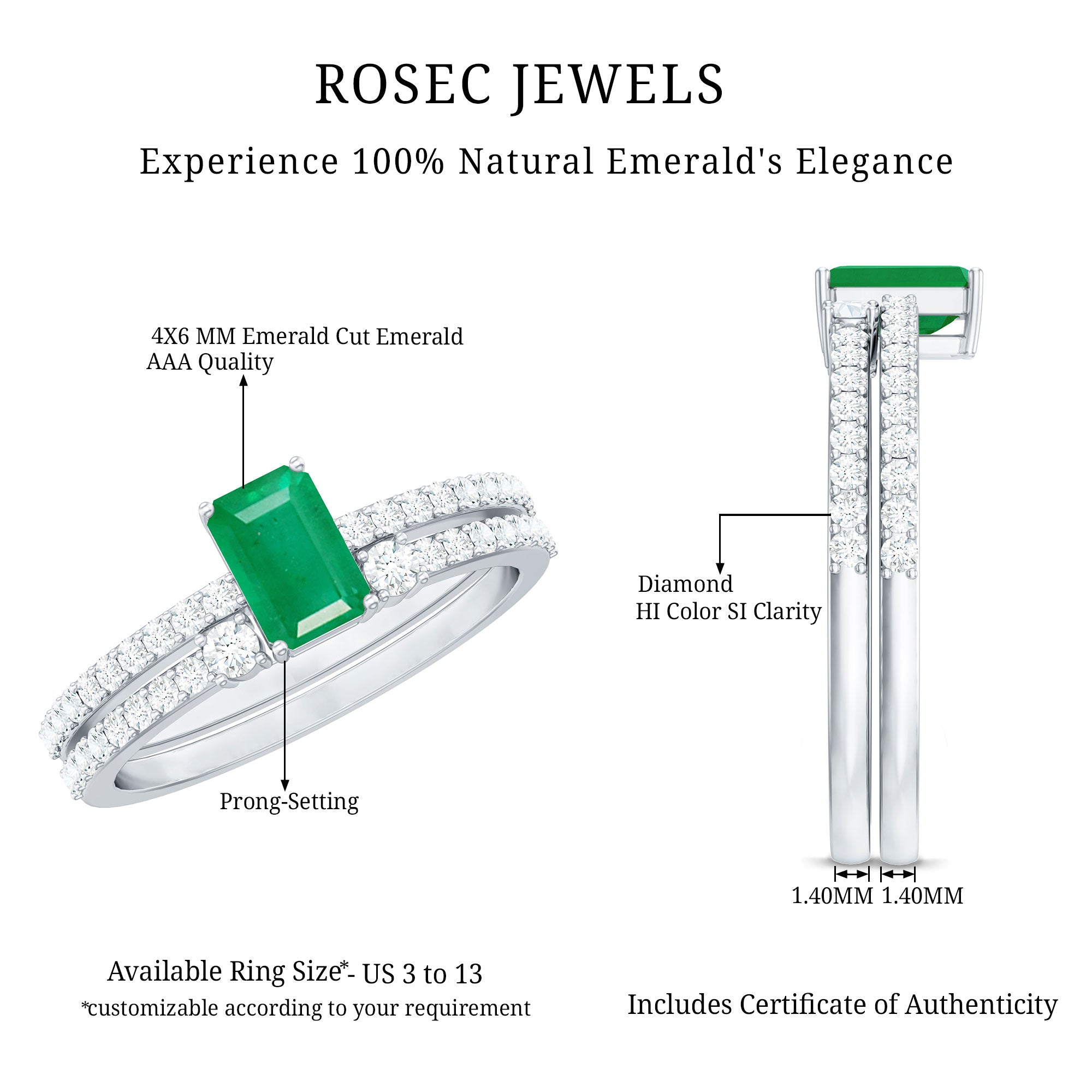 Emerald Diamond Engagement Ring - Solitaire Emerald Cut Ring with Diamond Side Stones | Wedding Band Set