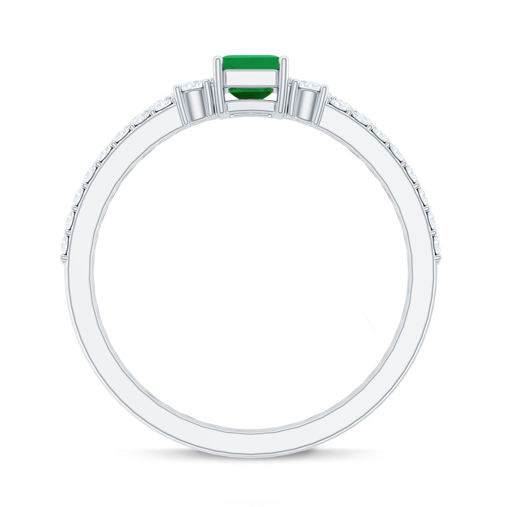 Emerald Diamond Engagement Ring - Solitaire Emerald Cut Ring with Diamond Side Stones | Wedding Band Set