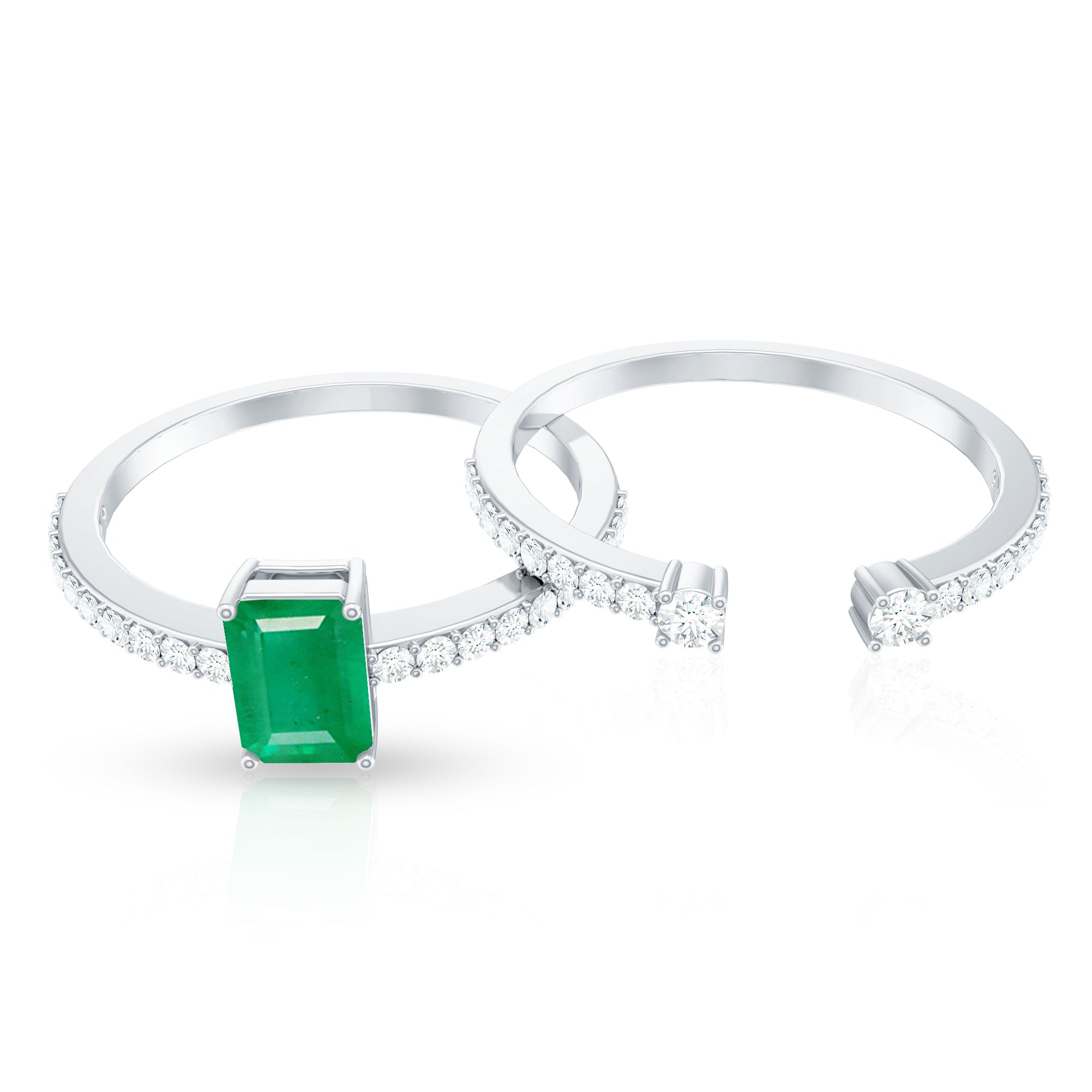 Emerald Diamond Engagement Ring - Solitaire Emerald Cut Ring with Diamond Side Stones | Wedding Band Set