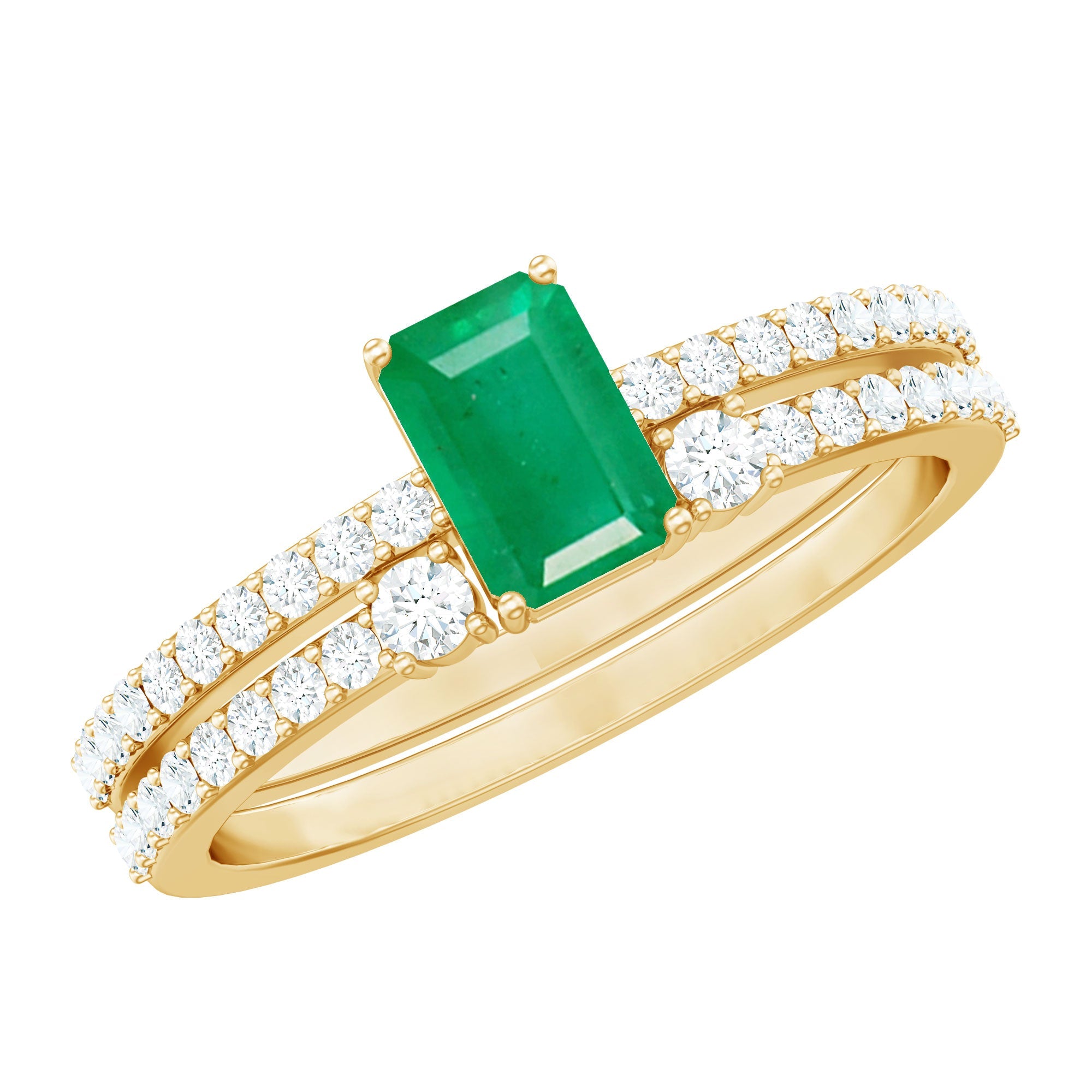 Emerald Diamond Engagement Ring - Solitaire Emerald Cut Ring with Diamond Side Stones | Wedding Band Set