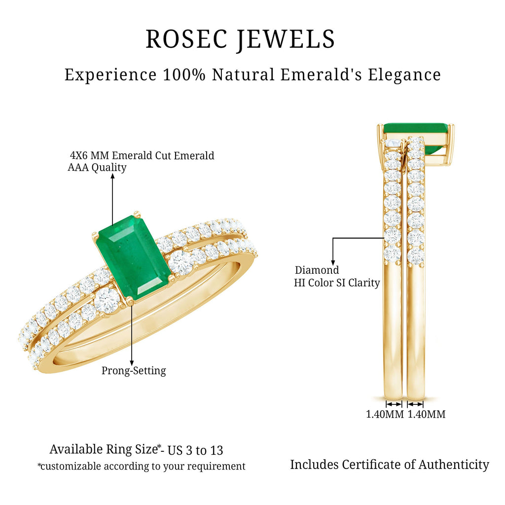 Emerald Diamond Engagement Ring - Solitaire Emerald Cut Ring with Diamond Side Stones | Wedding Band Set