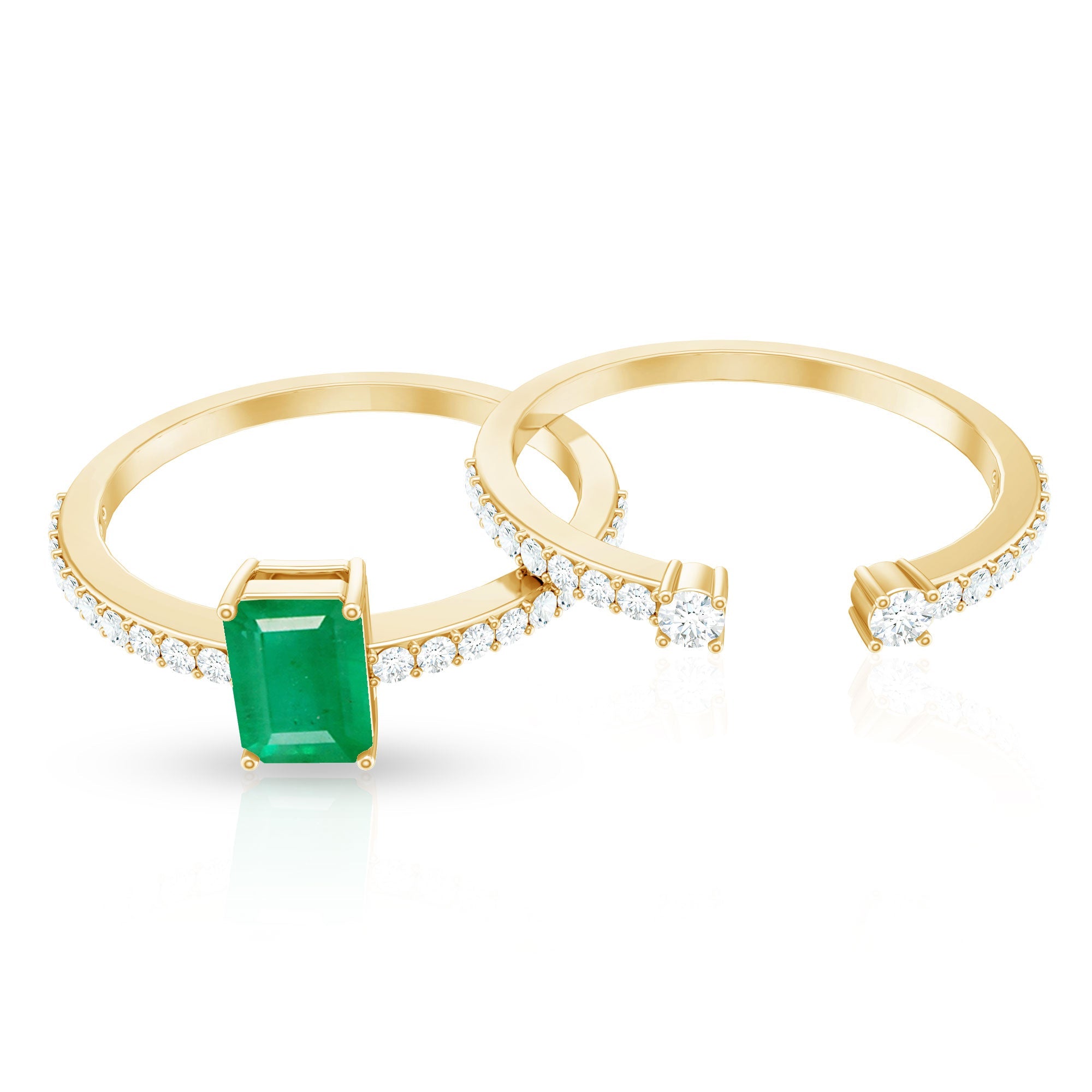 Emerald Diamond Engagement Ring - Solitaire Emerald Cut Ring with Diamond Side Stones | Wedding Band Set
