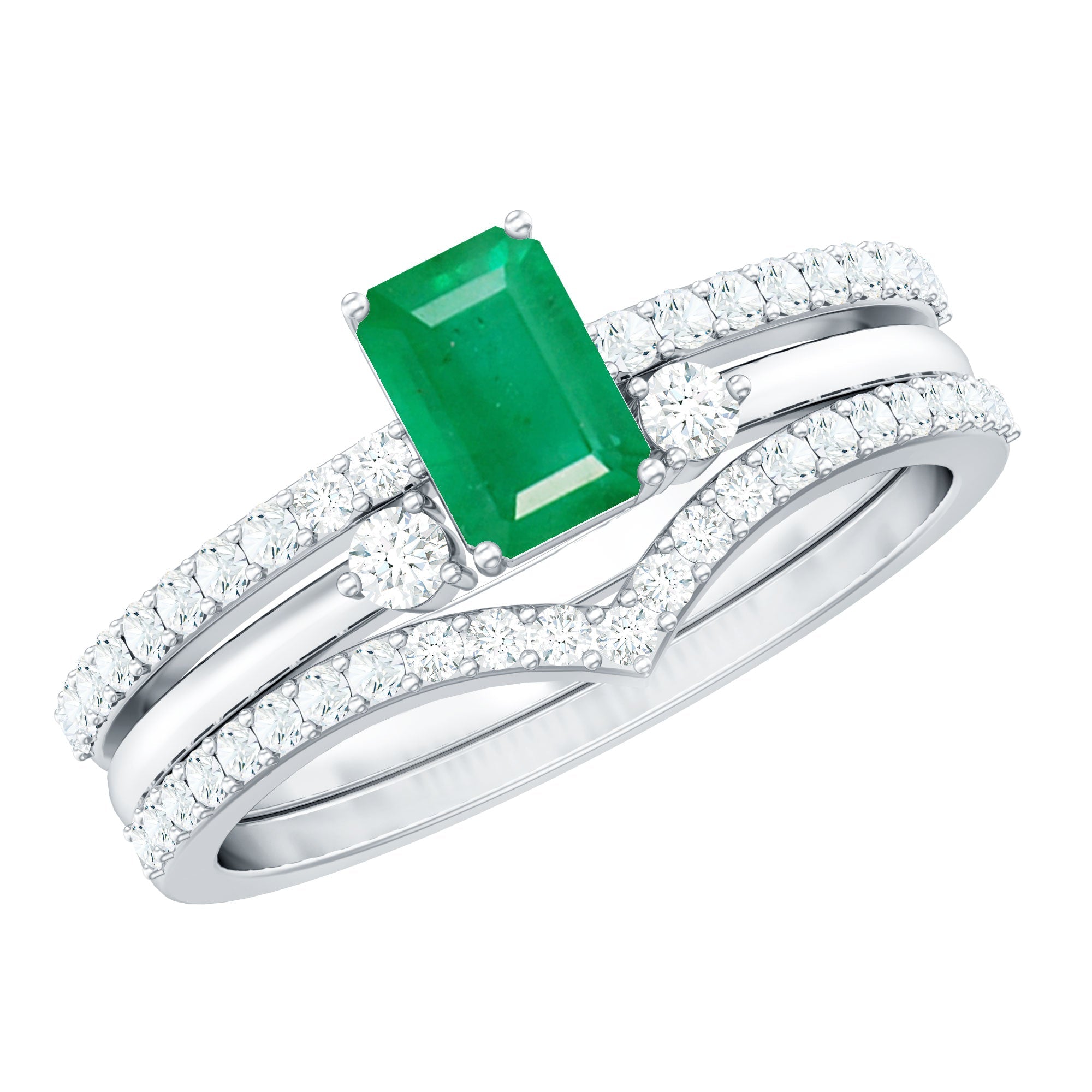 Emerald Cut Bridal Ring | Natural Emerald Diamond 3 Piece Wedding Set