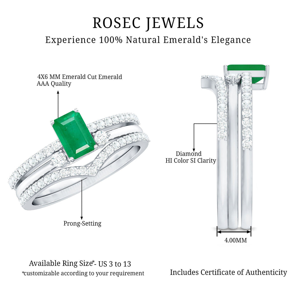Emerald Cut Bridal Ring | Natural Emerald Diamond 3 Piece Wedding Set