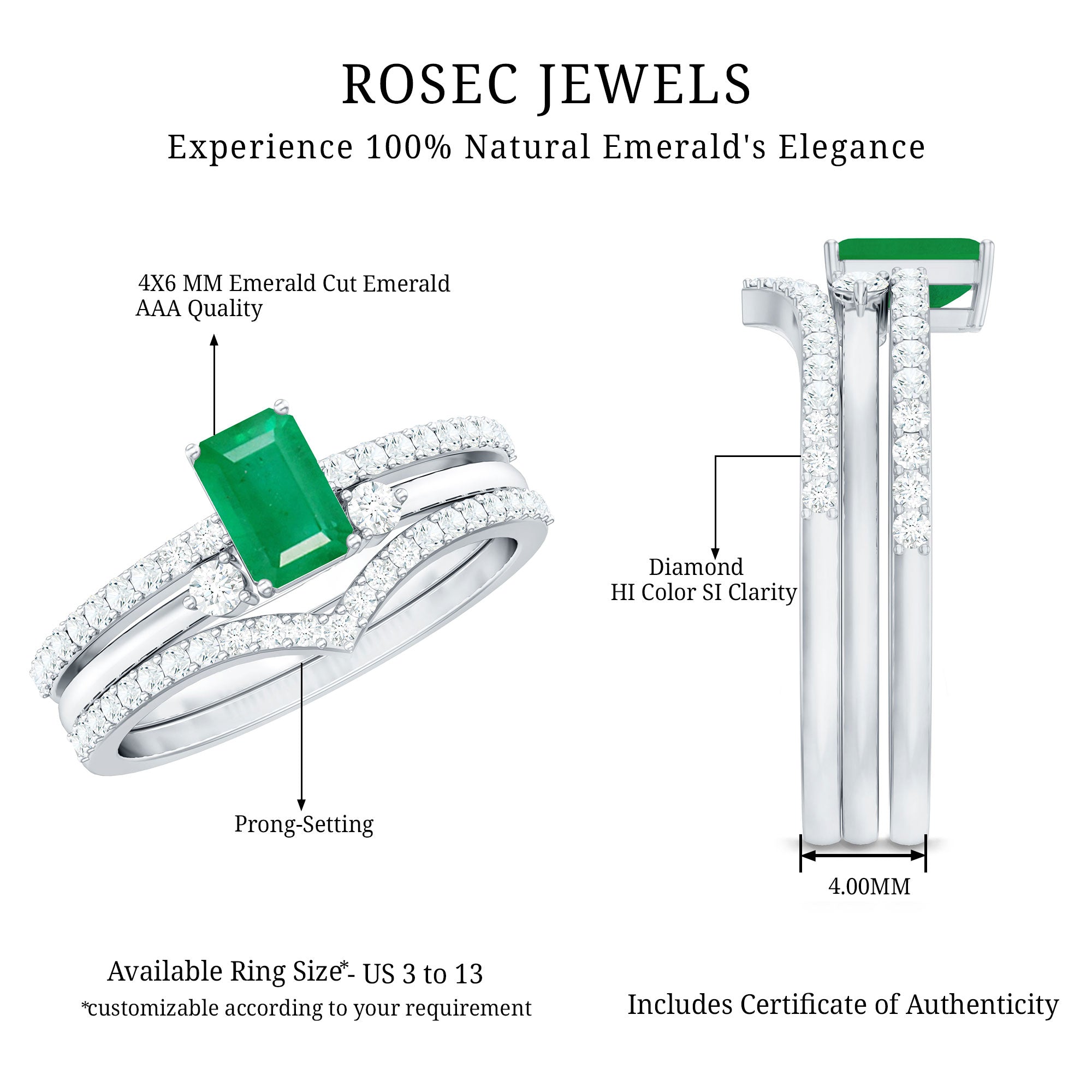 Emerald Cut Bridal Ring | Natural Emerald Diamond 3 Piece Wedding Set