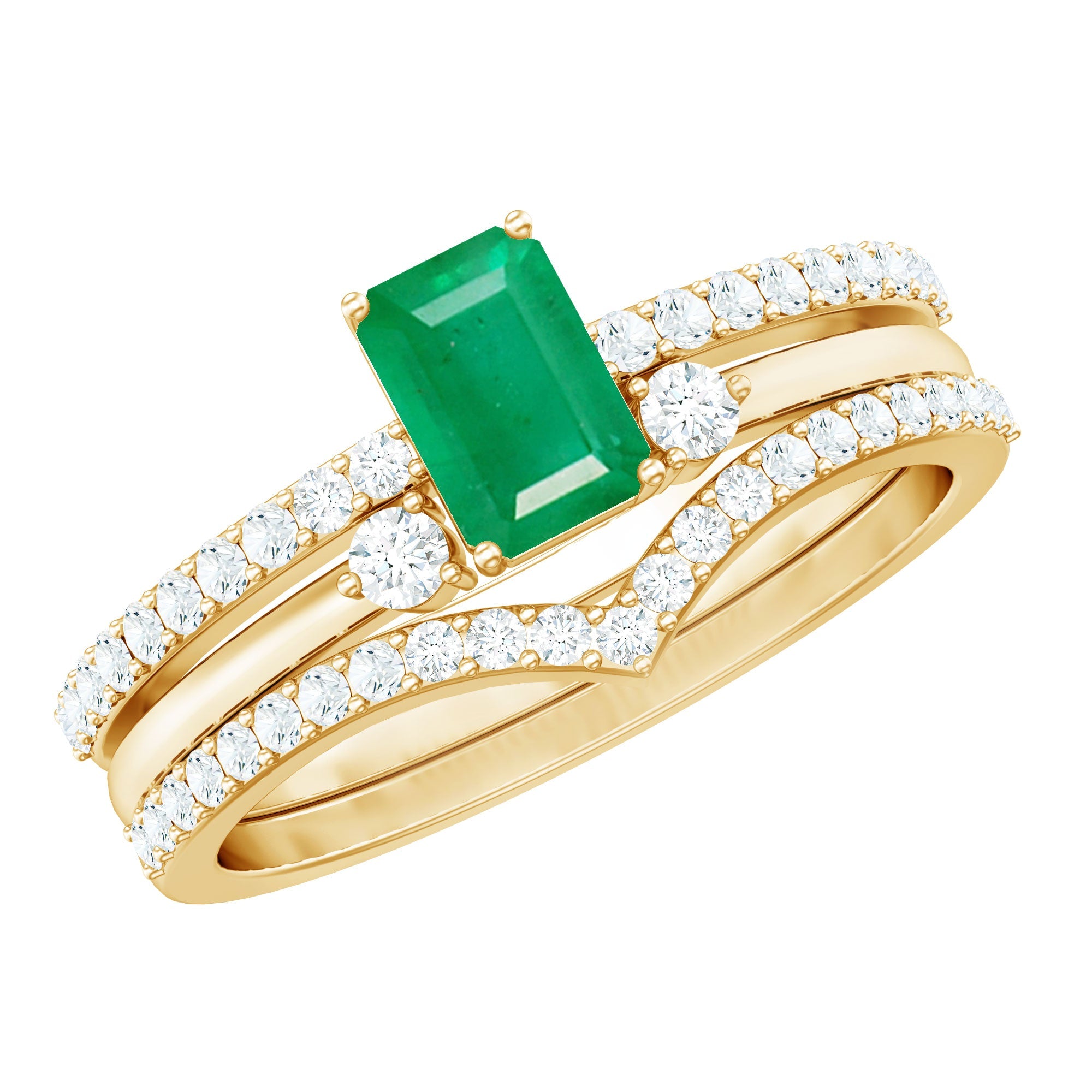 Emerald Cut Bridal Ring | Natural Emerald Diamond 3 Piece Wedding Set