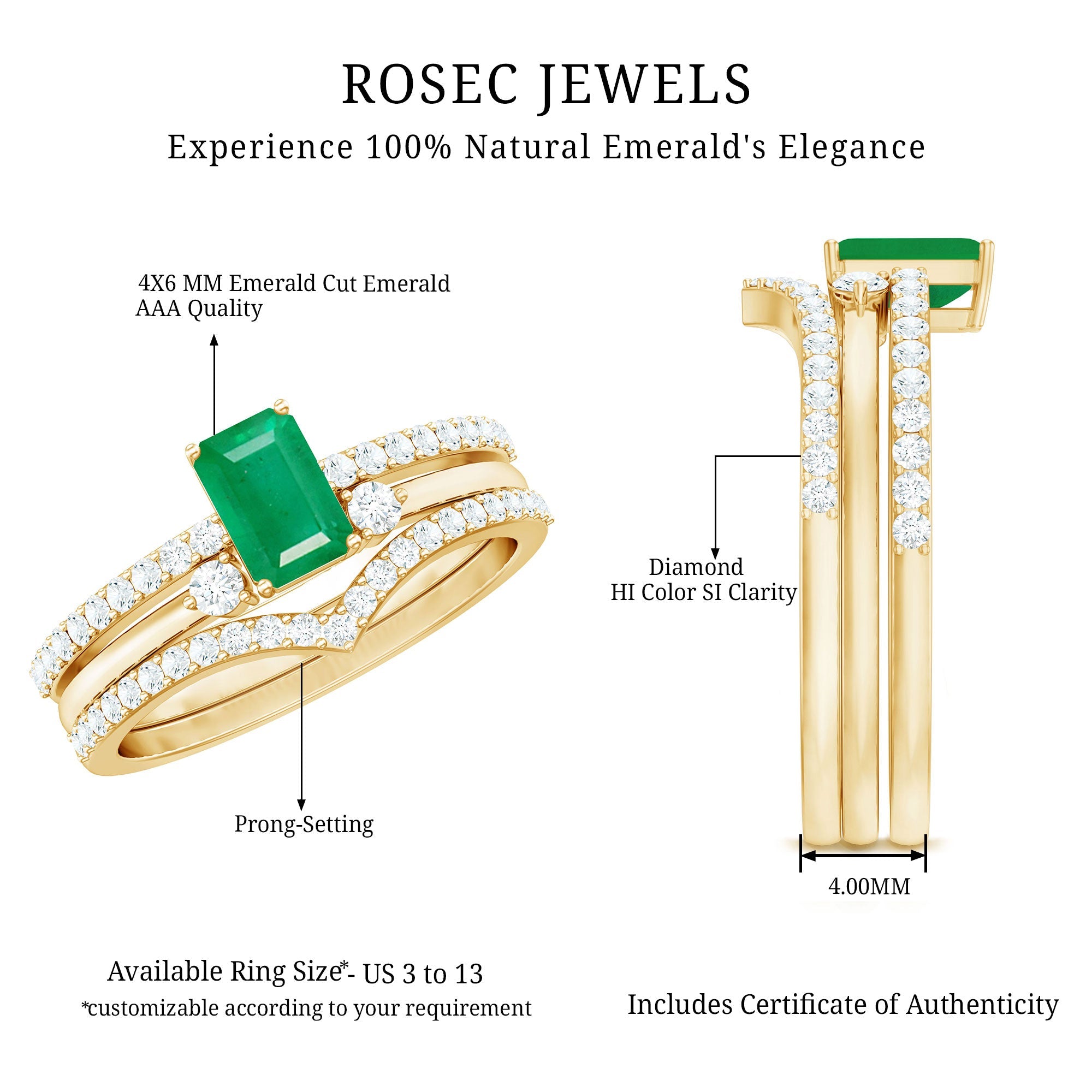Emerald Cut Bridal Ring | Natural Emerald Diamond 3 Piece Wedding Set