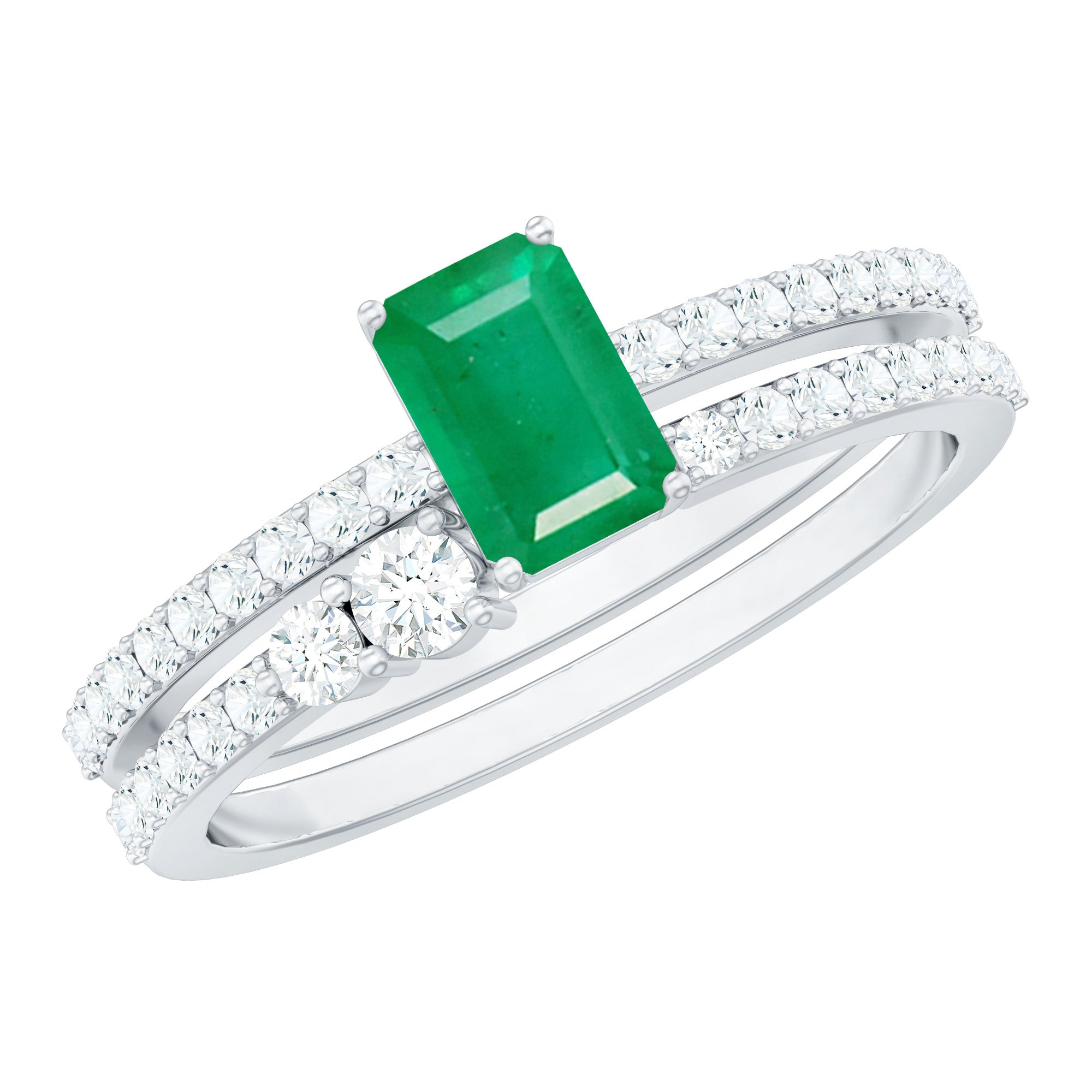 Emerald Cut Engagement Ring With Diamond Enhancer Band – AAA Quality Green Emerald