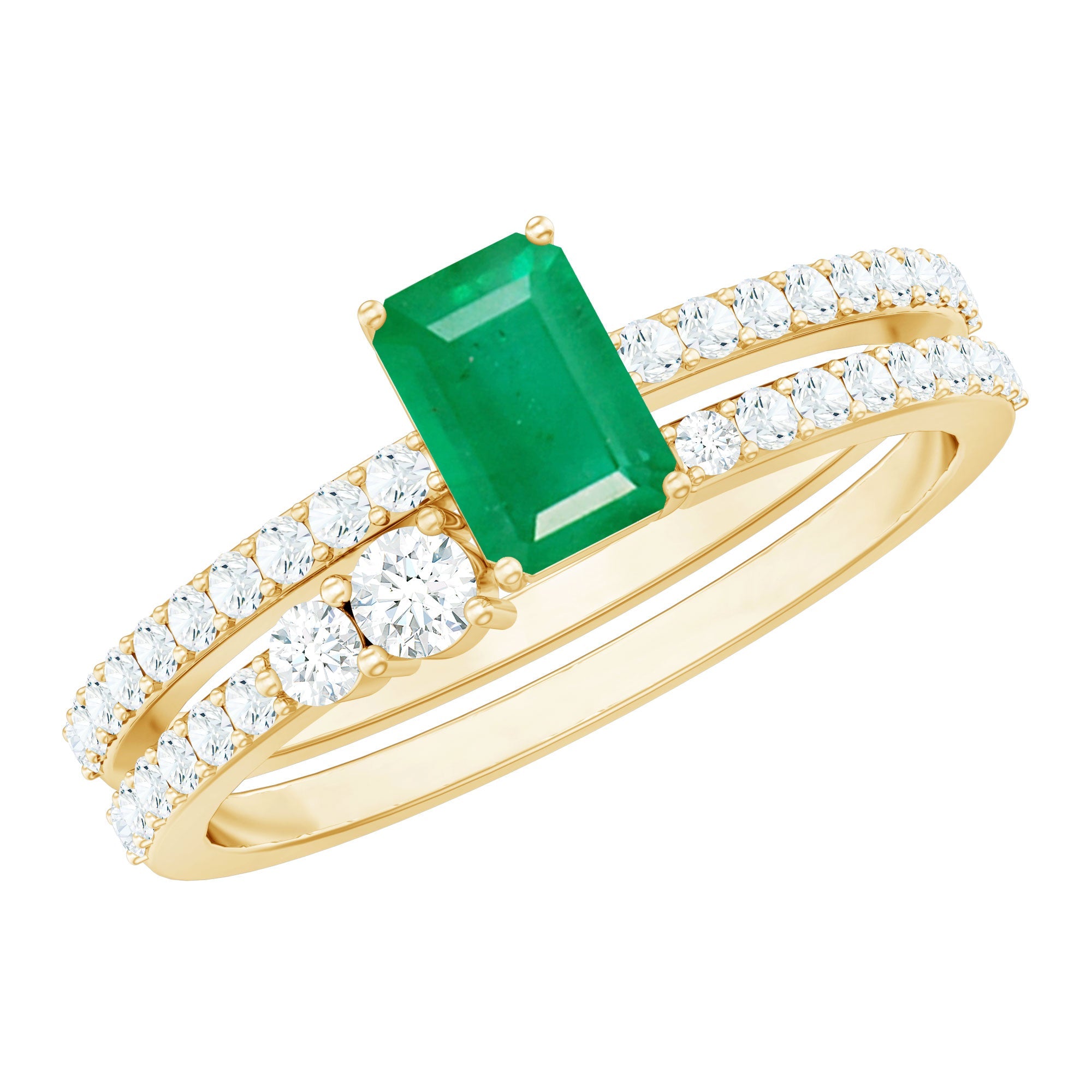 Emerald Cut Engagement Ring With Diamond Enhancer Band – AAA Quality Green Emerald