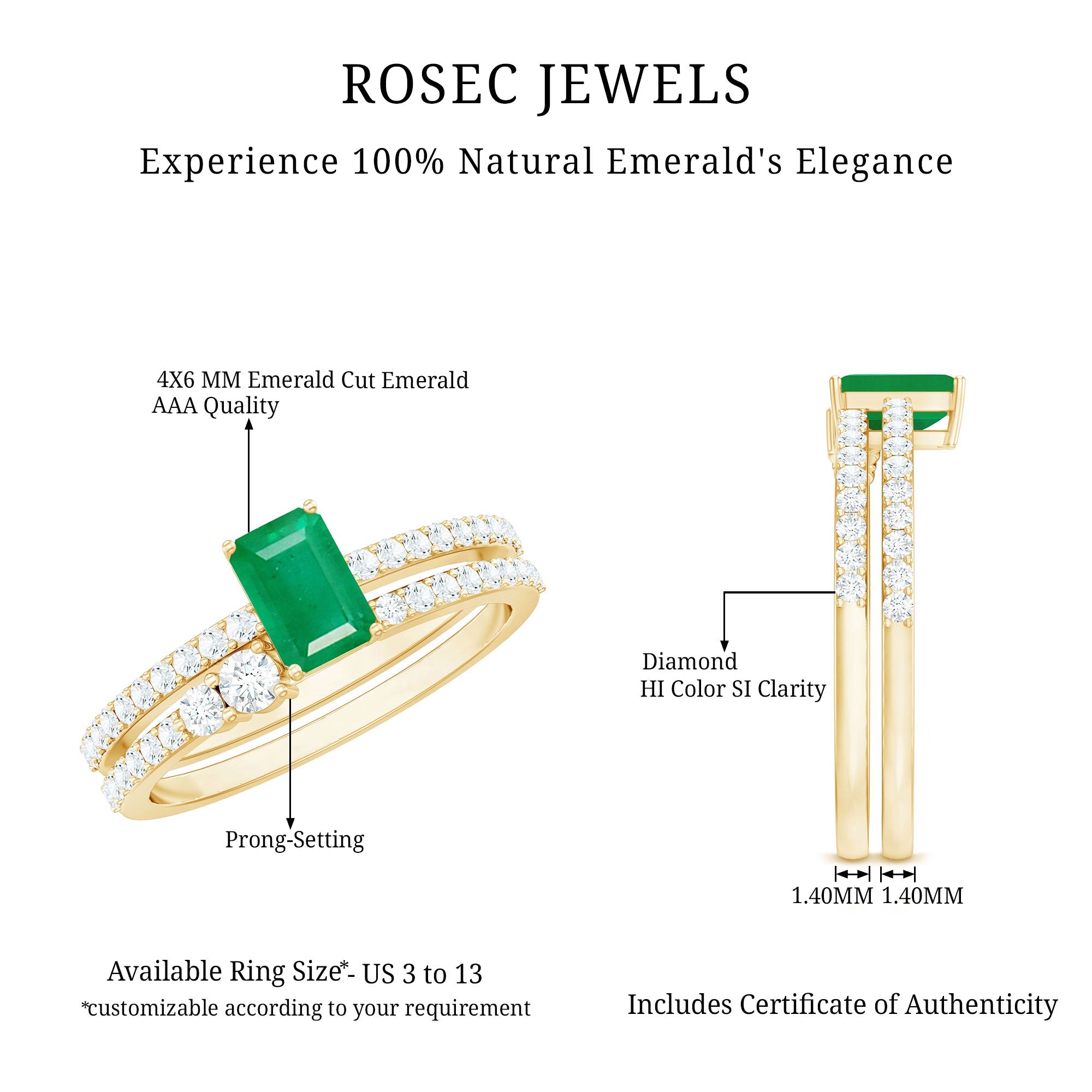 Emerald Cut Engagement Ring With Diamond Enhancer Band – AAA Quality Green Emerald