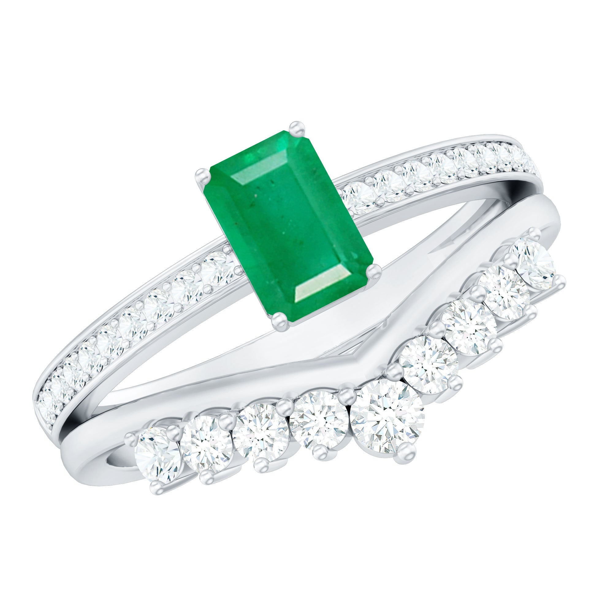 Emerald Cut Engagement Ring with Curved Wedding Band – Natural Emerald & Diamond Set