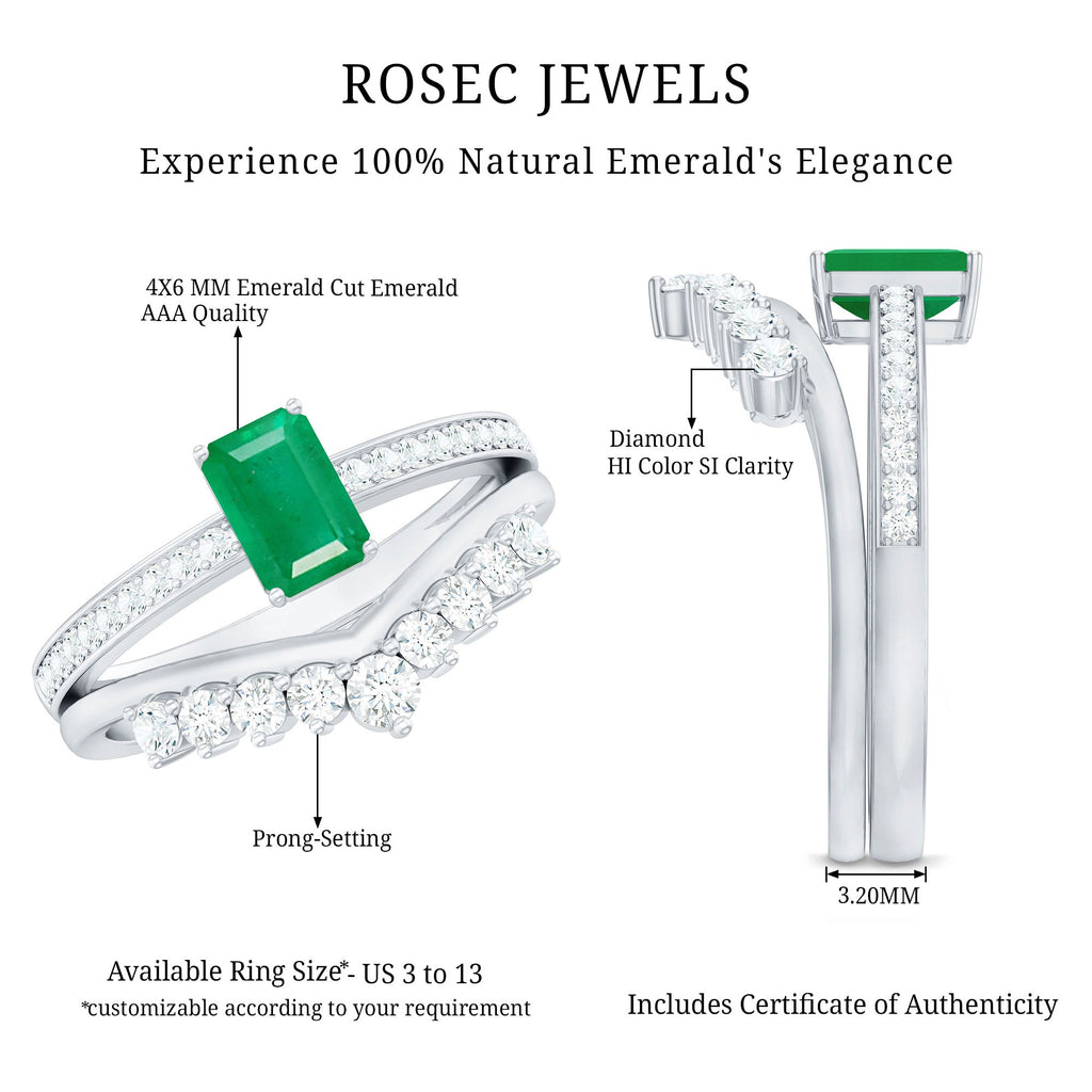 Emerald Cut Engagement Ring with Curved Wedding Band – Natural Emerald & Diamond Set
