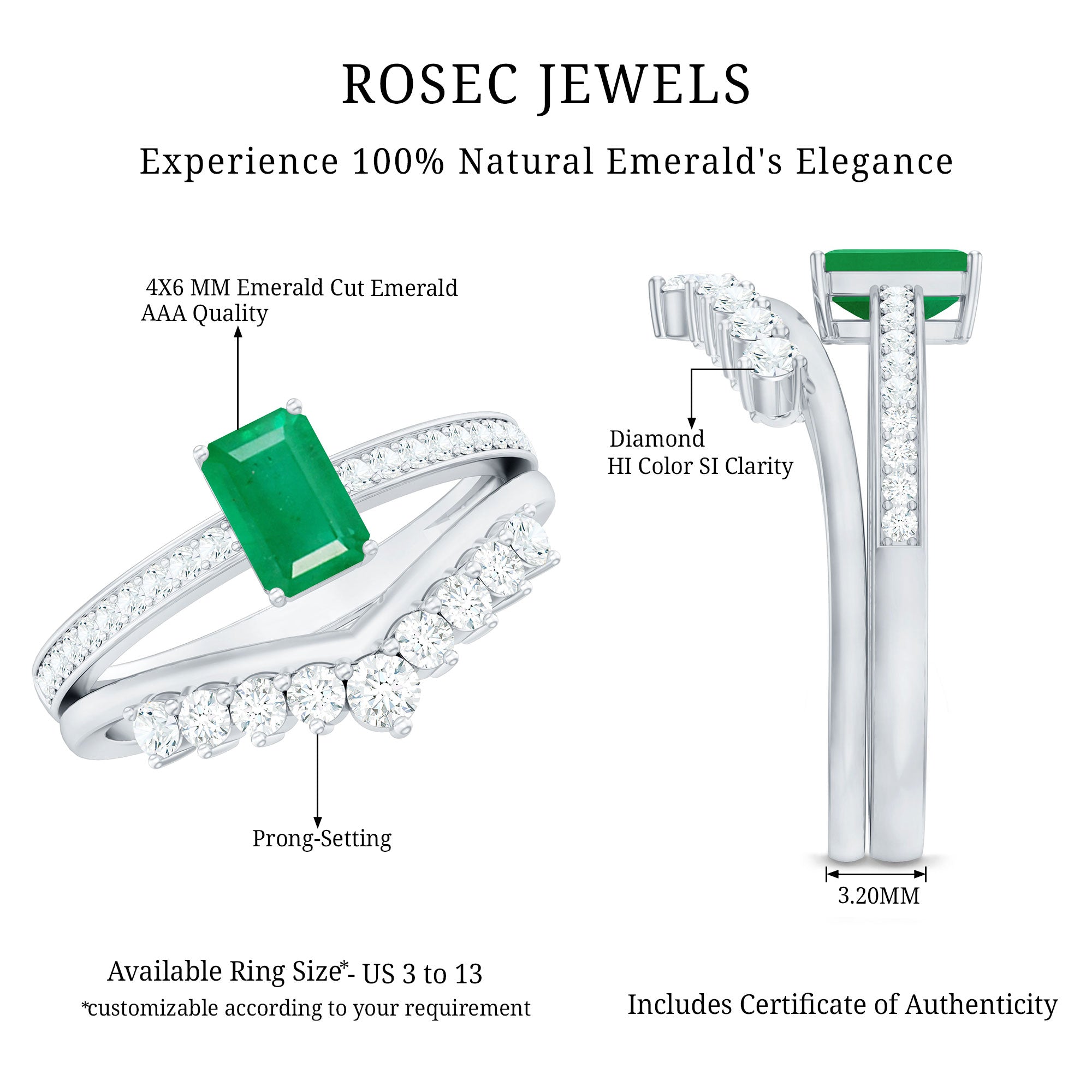 Emerald Cut Engagement Ring with Curved Wedding Band – Natural Emerald & Diamond Set