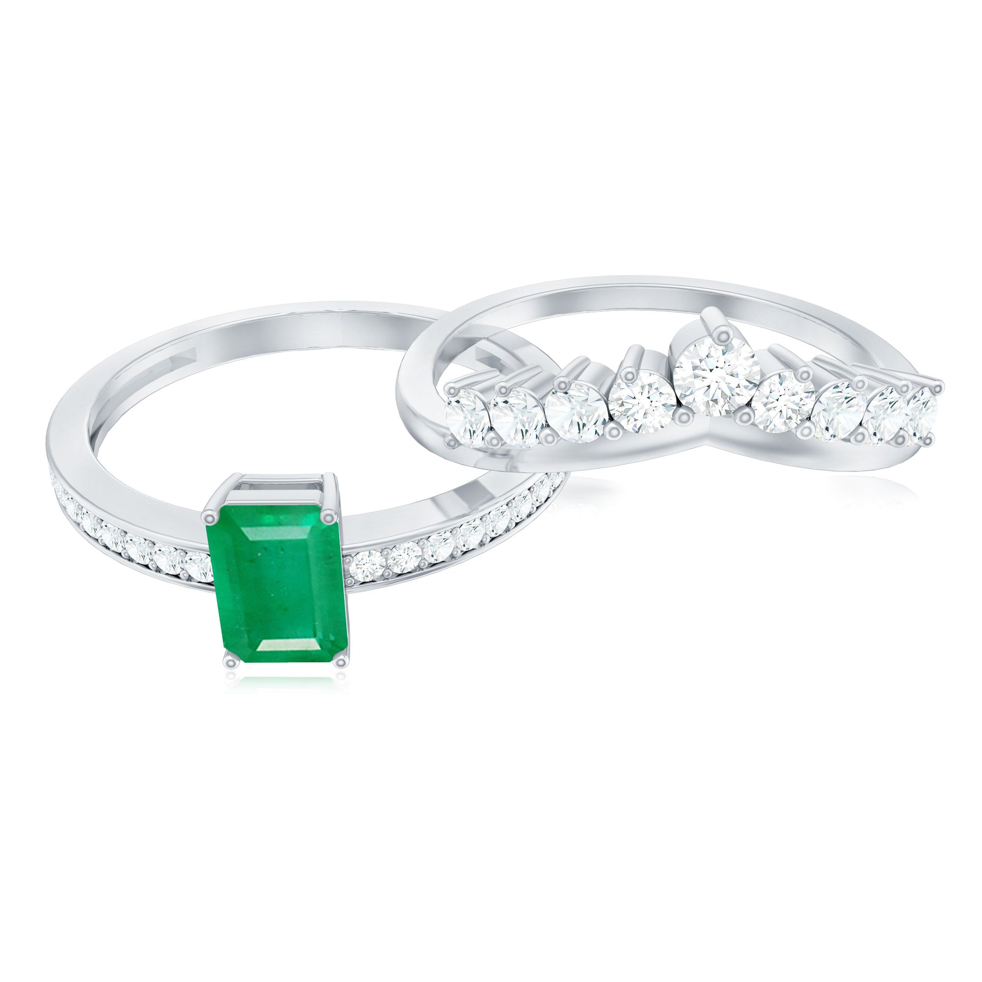 Emerald Cut Engagement Ring with Curved Wedding Band – Natural Emerald & Diamond Set