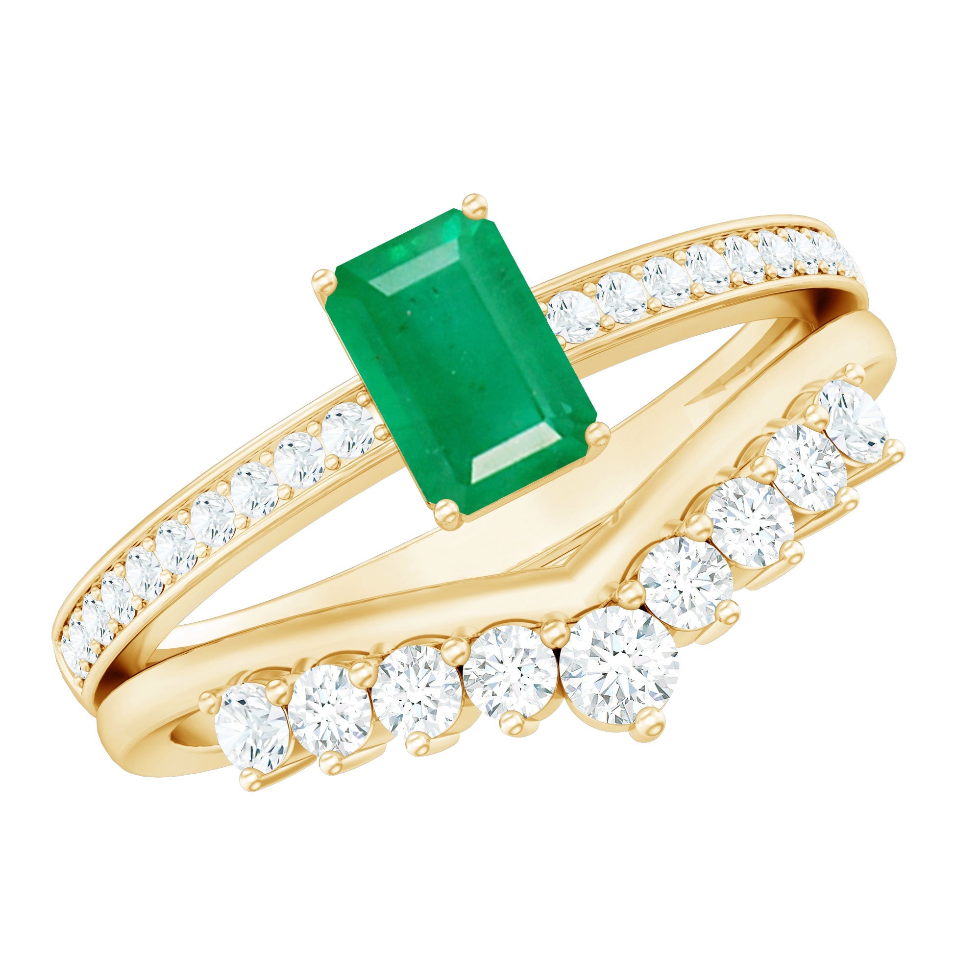 Emerald Cut Engagement Ring with Curved Wedding Band – Natural Emerald & Diamond Set