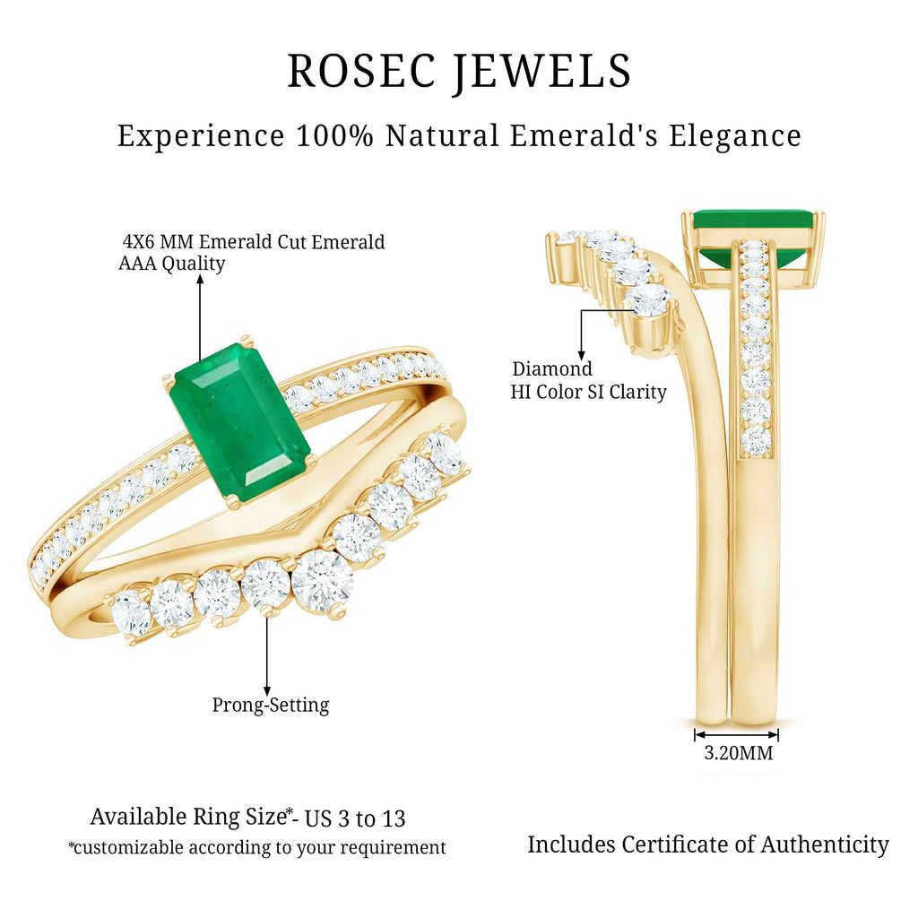 Emerald Cut Engagement Ring with Curved Wedding Band – Natural Emerald & Diamond Set