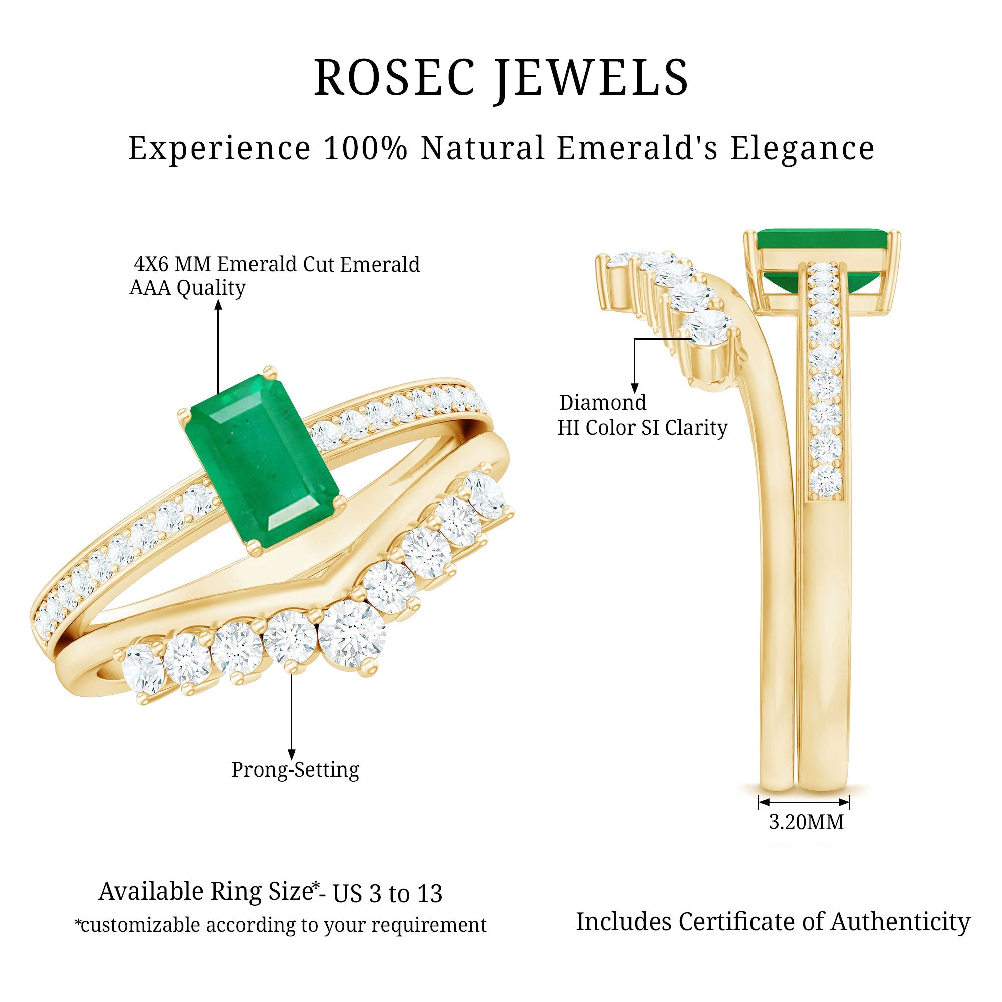 Emerald Cut Engagement Ring with Curved Wedding Band – Natural Emerald & Diamond Set