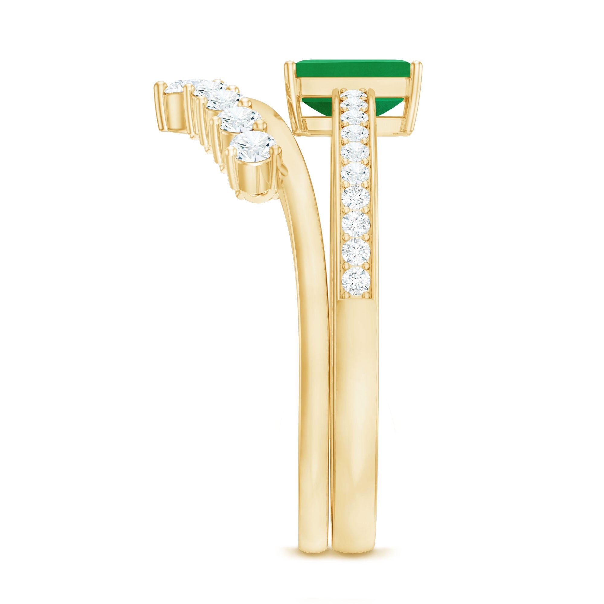 Emerald Cut Engagement Ring with Curved Wedding Band – Natural Emerald & Diamond Set