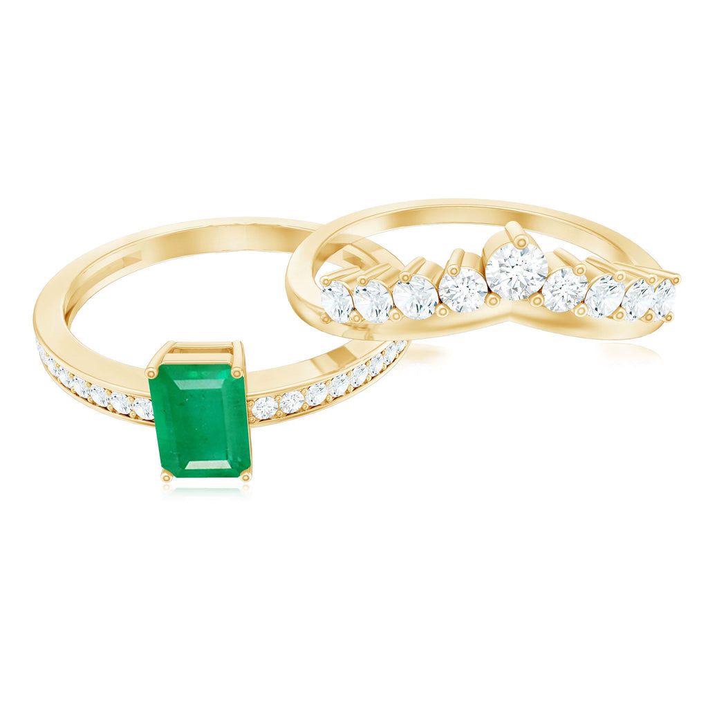 Emerald Cut Engagement Ring with Curved Wedding Band – Natural Emerald & Diamond Set