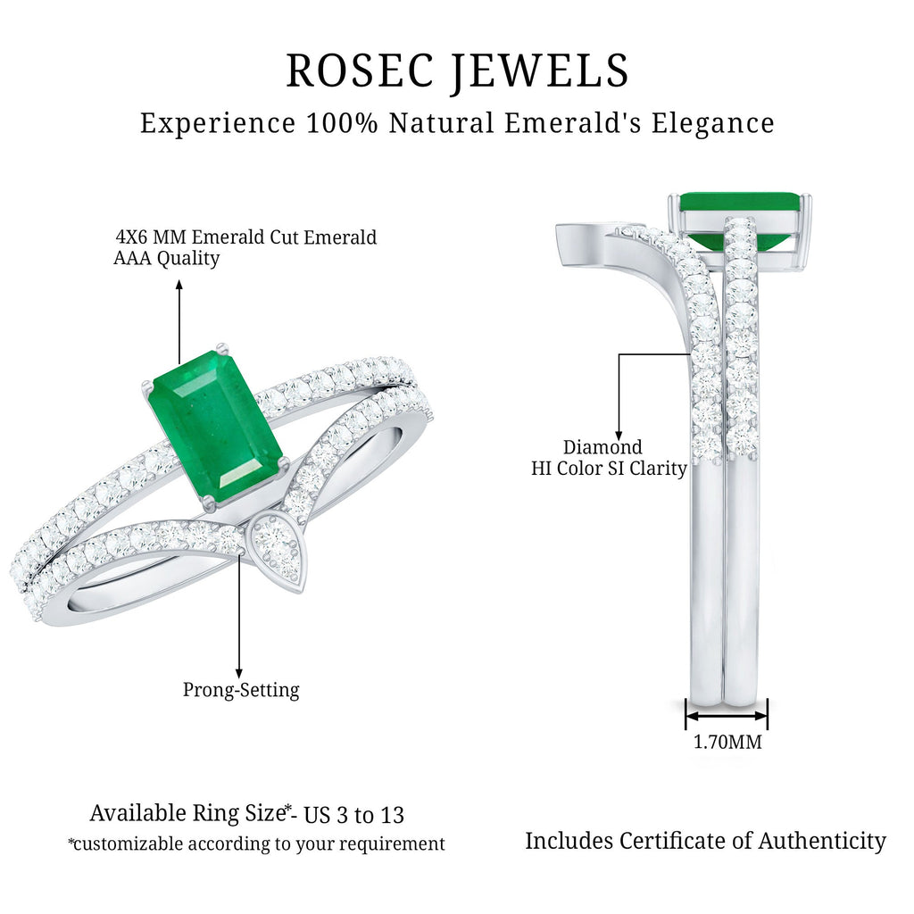 Emerald Cut Engagement Ring With Natural Emerald And Diamond Accent Ring Set