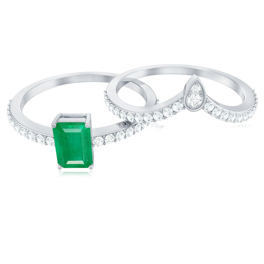 Emerald Cut Engagement Ring With Natural Emerald And Diamond Accent Ring Set