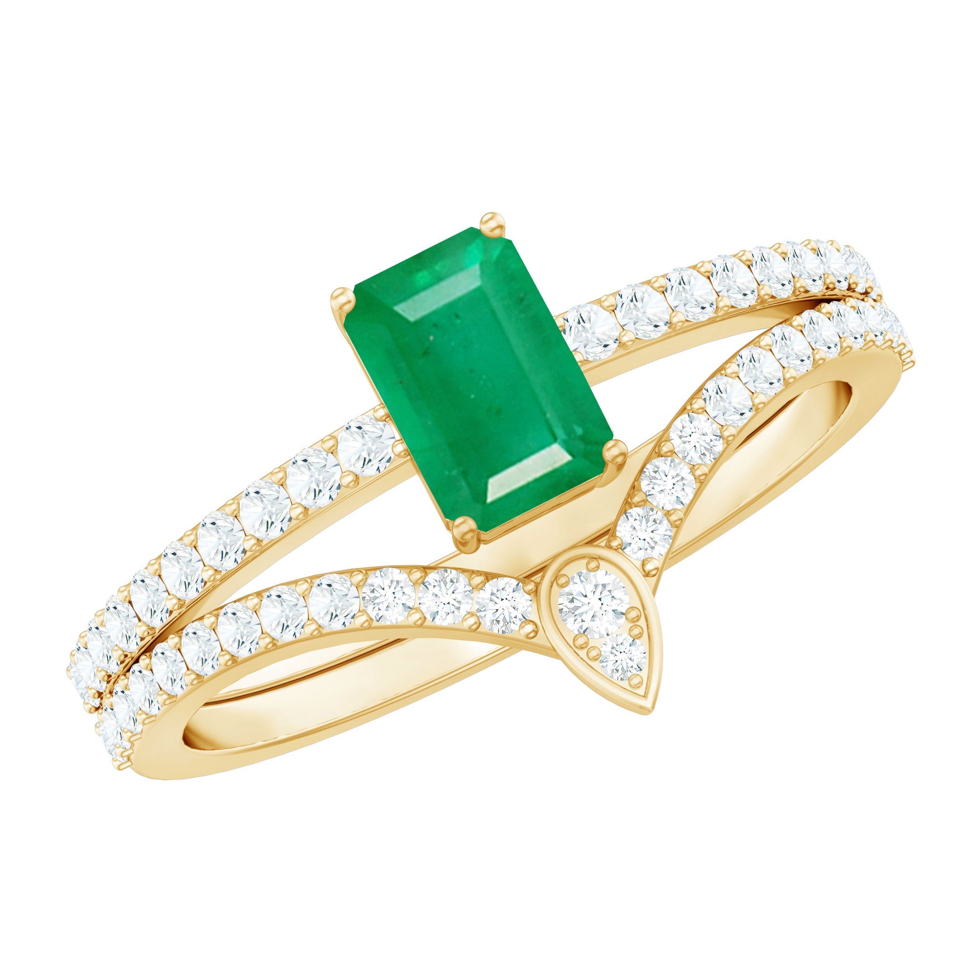 Emerald Cut Engagement Ring With Natural Emerald And Diamond Accent Ring Set