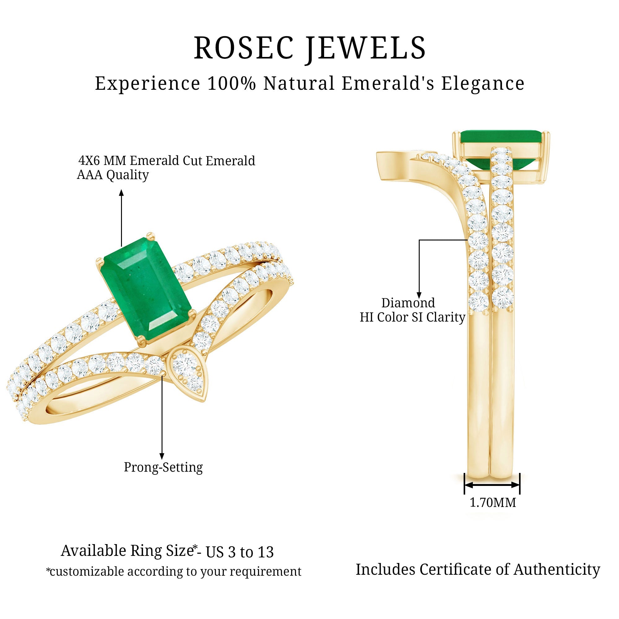 Emerald Cut Engagement Ring With Natural Emerald And Diamond Accent Ring Set