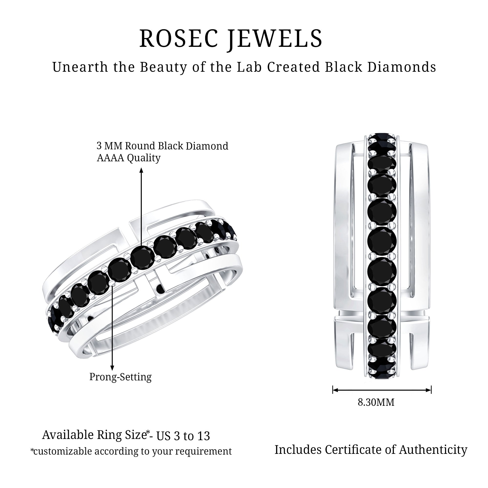Black Diamond Wedding Band – Lab Created Durable Men's Ring with Prong Setting