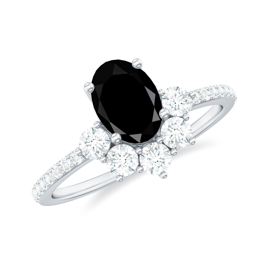 1 Carat Oval Cut Black Onyx Designer Engagement Ring with Diamond Half Halo
