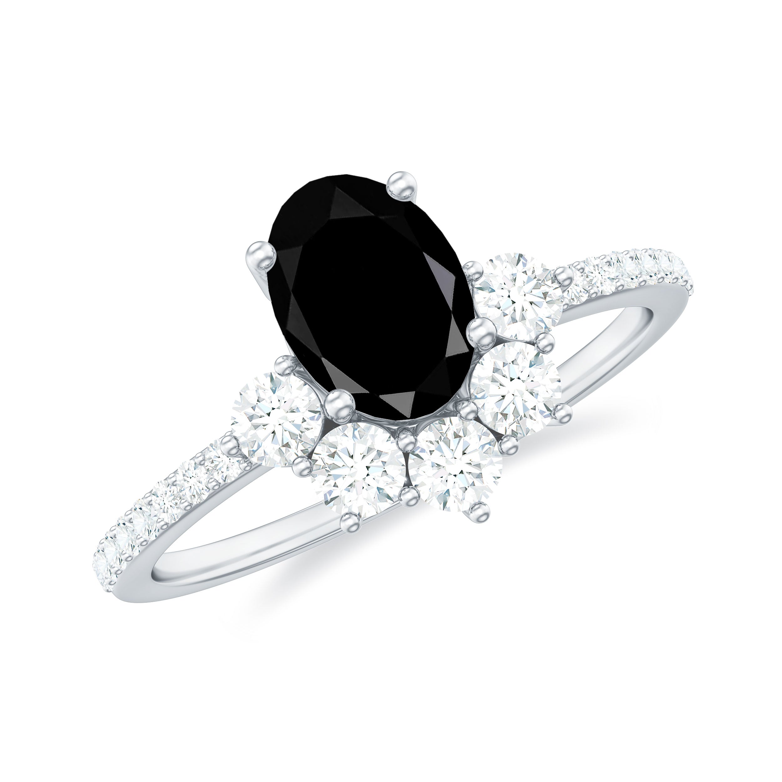 1 Carat Oval Cut Black Onyx Designer Engagement Ring with Diamond Half Halo