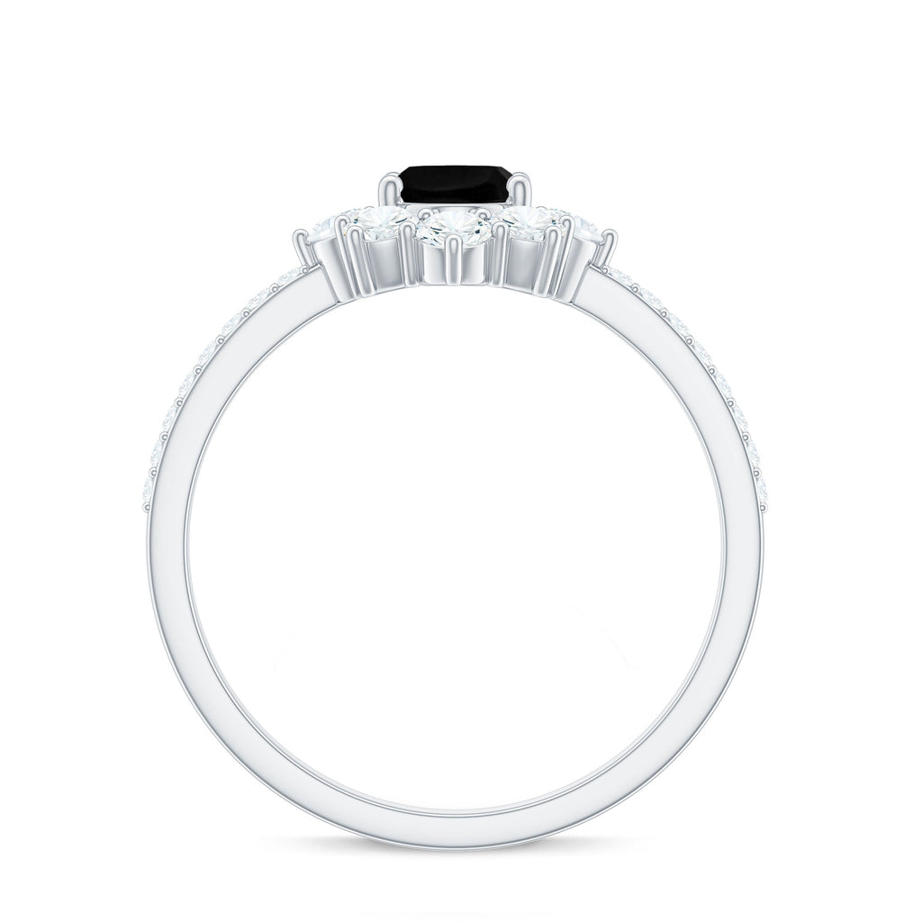 1 Carat Oval Cut Black Onyx Designer Engagement Ring with Diamond Half Halo
