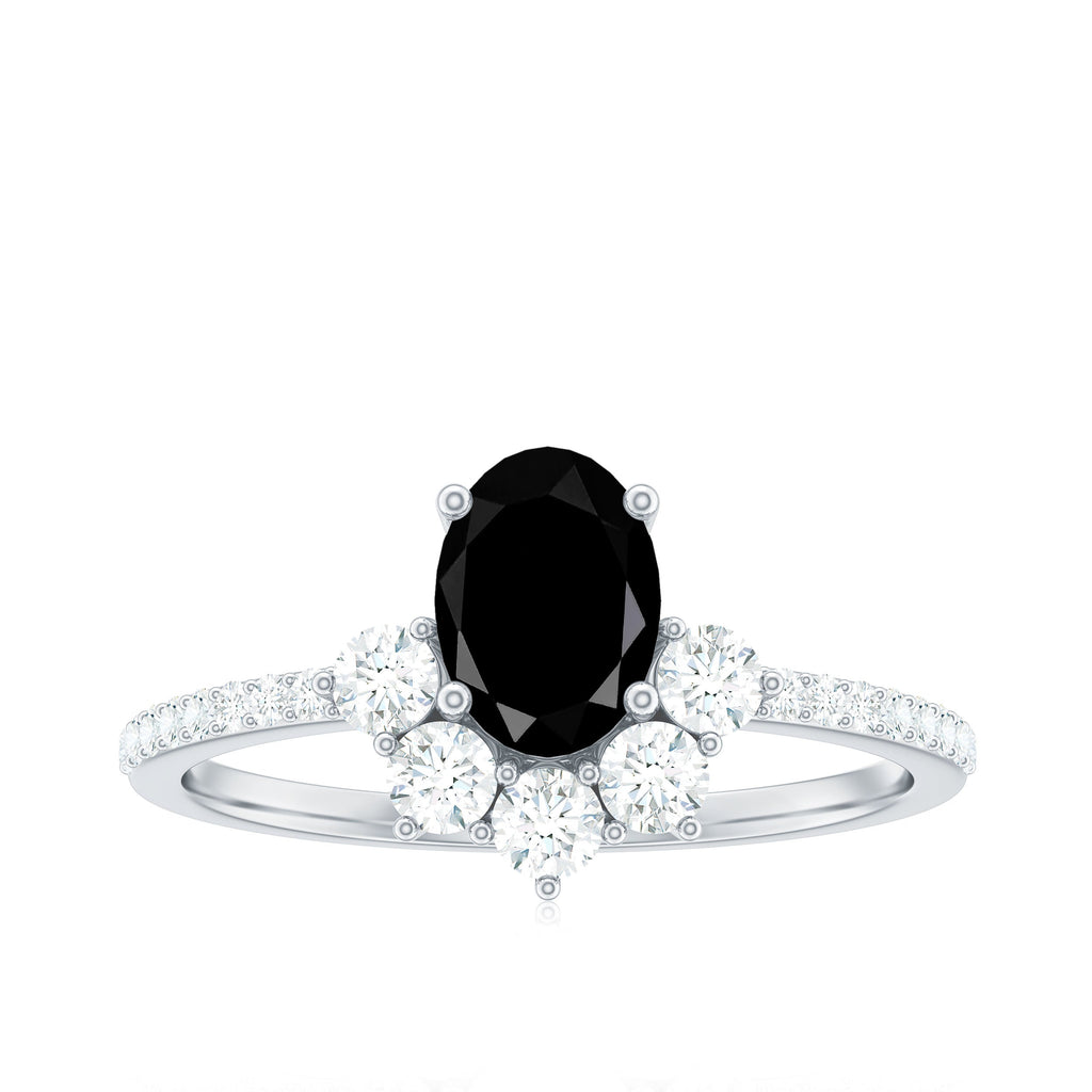 1 Carat Oval Cut Black Onyx Designer Engagement Ring with Diamond Half Halo