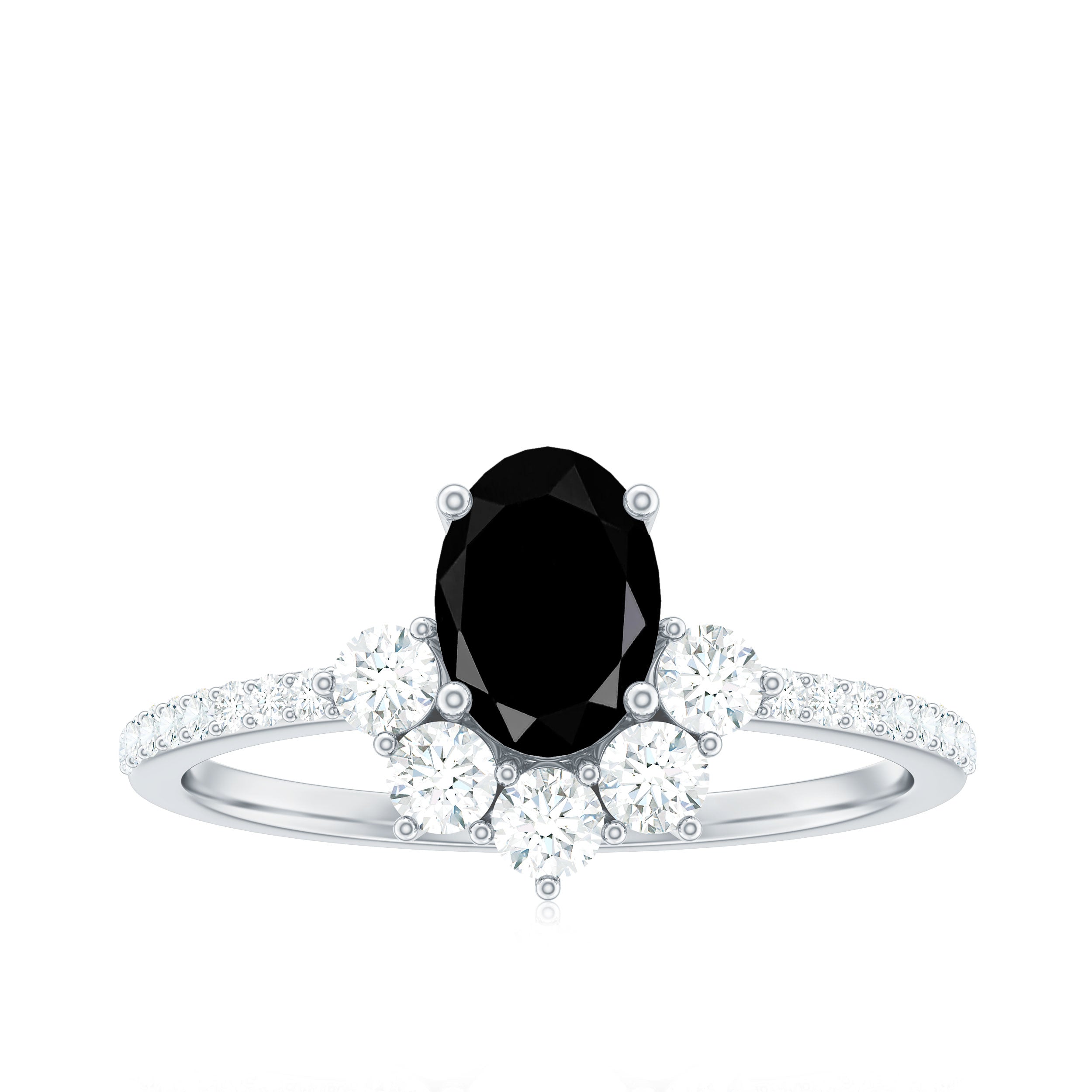 1 Carat Oval Cut Black Onyx Designer Engagement Ring with Diamond Half Halo