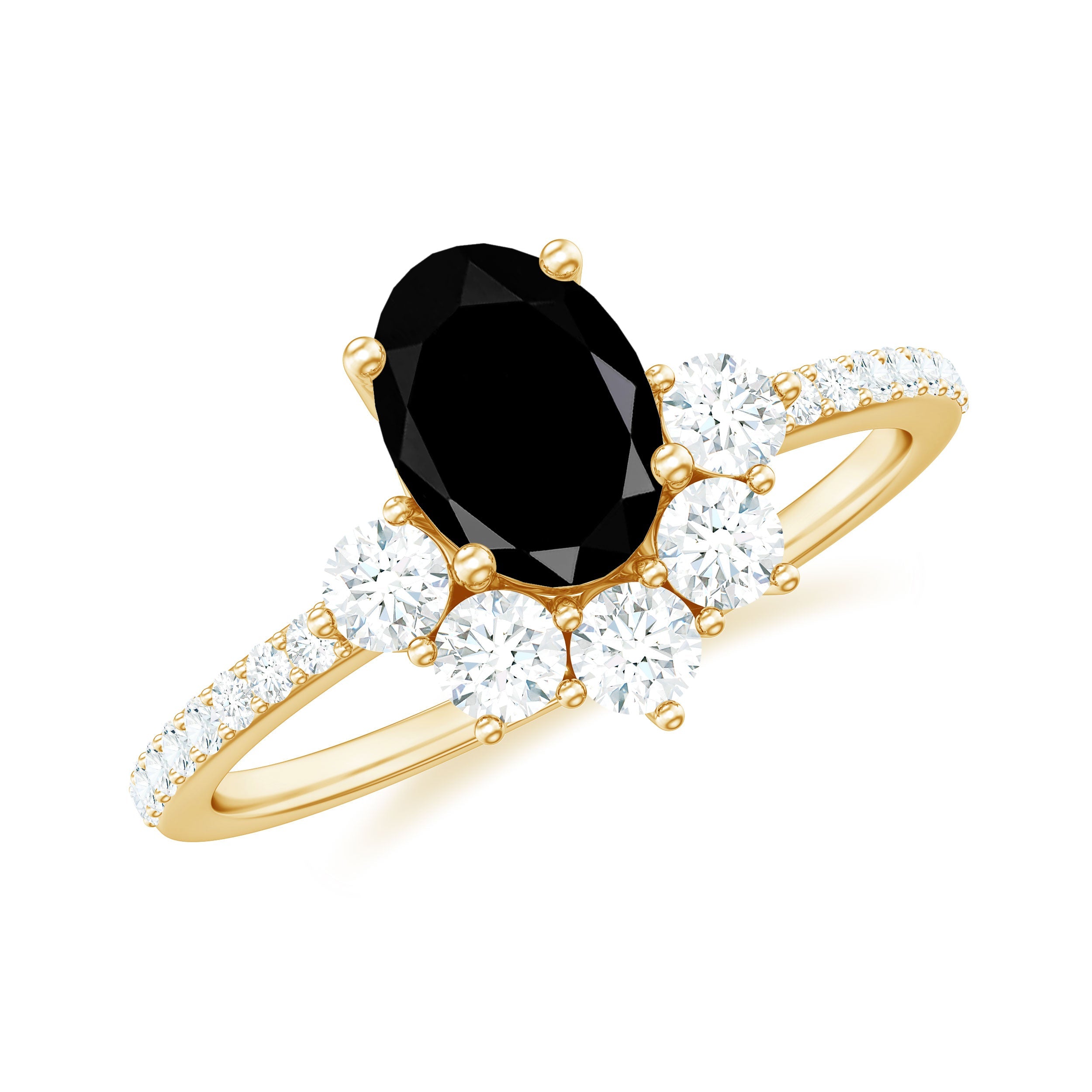 1 Carat Oval Cut Black Onyx Designer Engagement Ring with Diamond Half Halo
