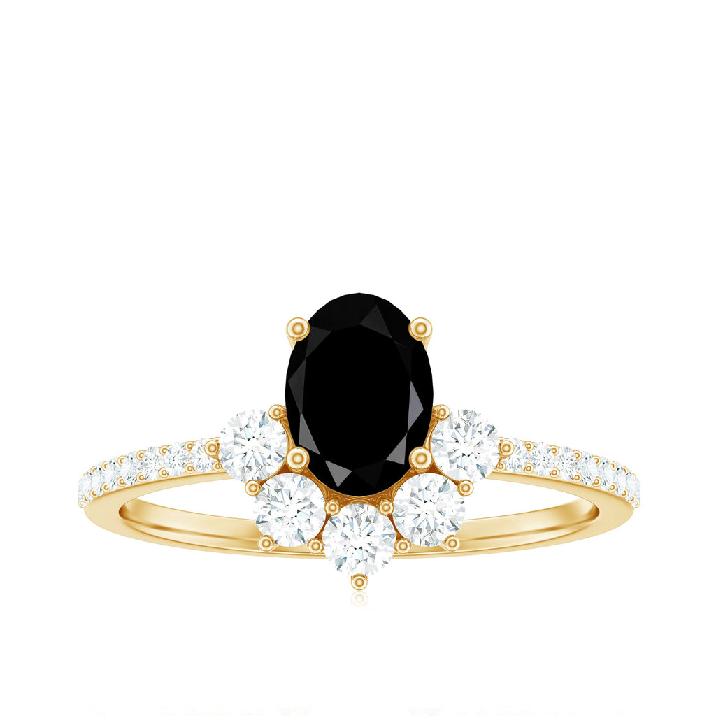1 Carat Oval Cut Black Onyx Designer Engagement Ring with Diamond Half Halo
