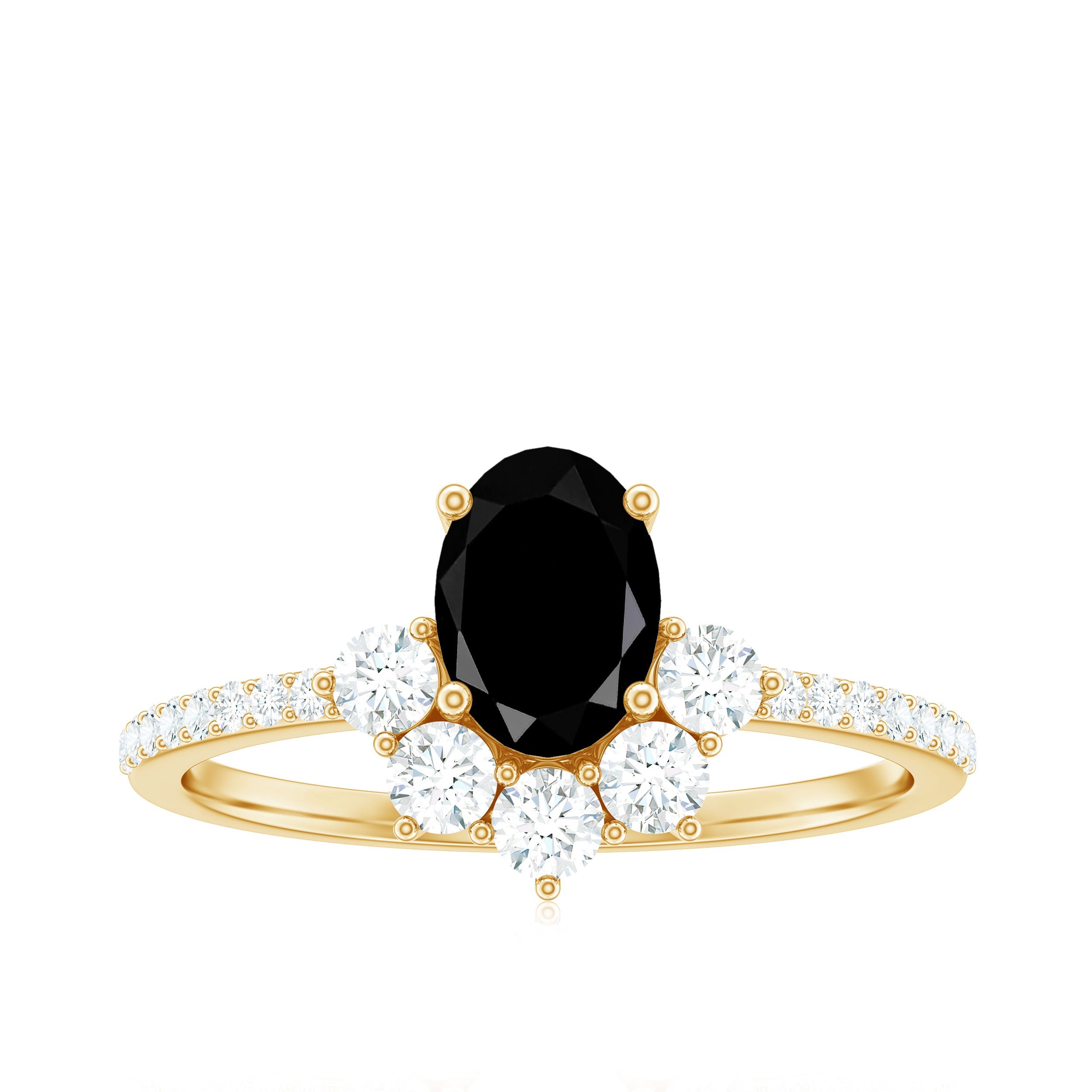 1 Carat Oval Cut Black Onyx Designer Engagement Ring with Diamond Half Halo