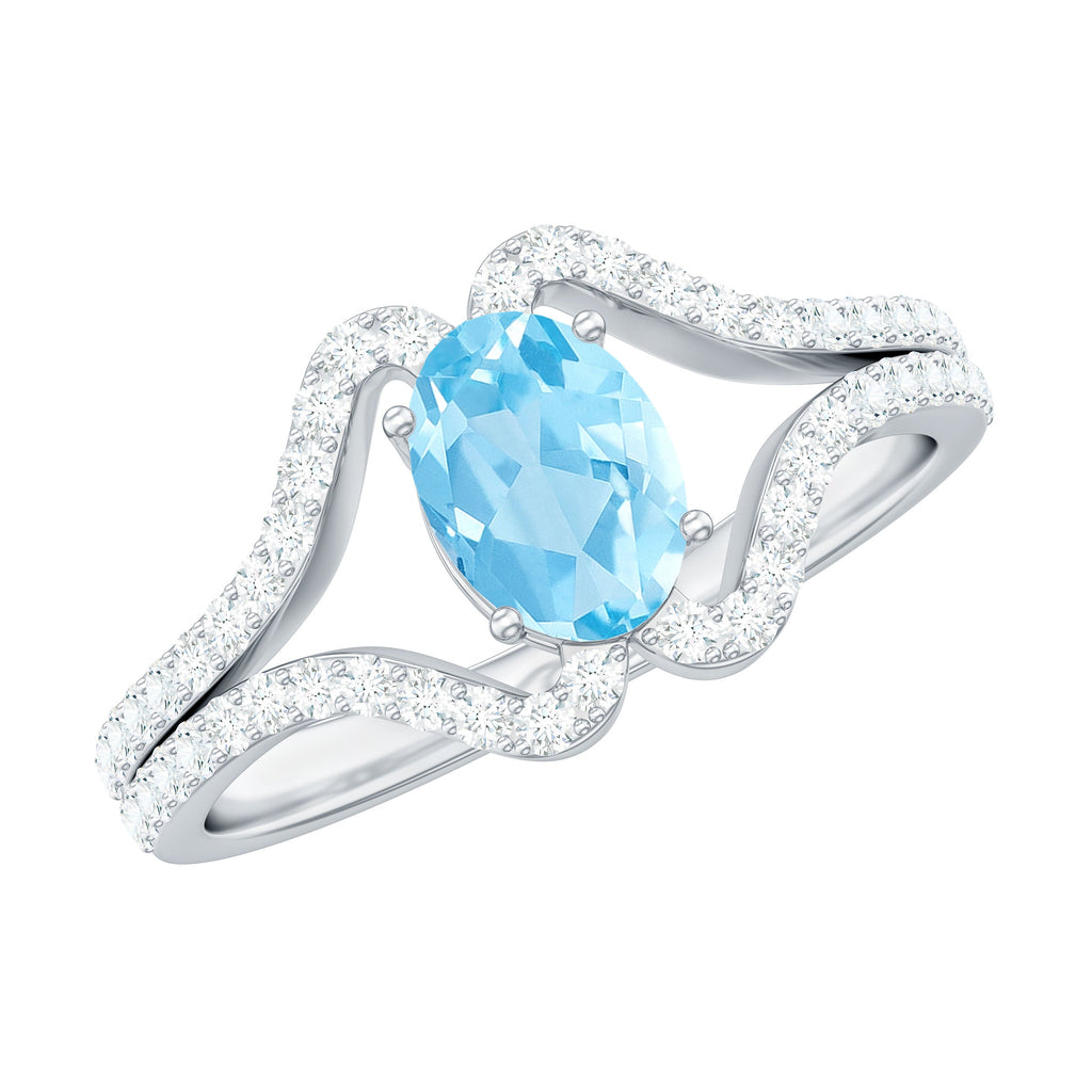 Aquamarine Engagement Ring – Oval 6x8mm Blue Aquamarine with Diamond Split Shank Design