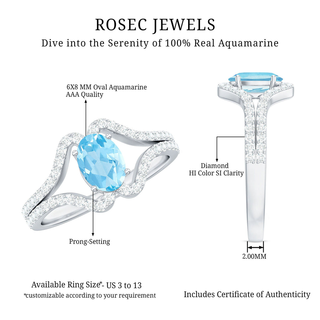Aquamarine Engagement Ring – Oval 6x8mm Blue Aquamarine with Diamond Split Shank Design