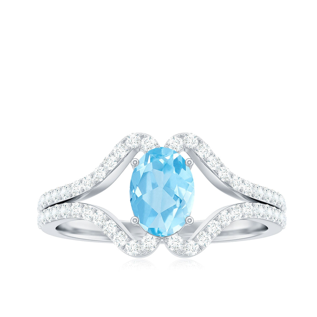Aquamarine Engagement Ring – Oval 6x8mm Blue Aquamarine with Diamond Split Shank Design