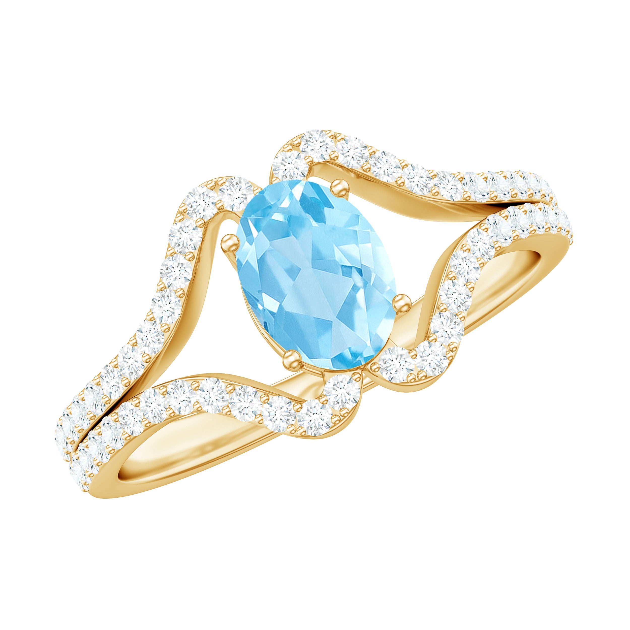 Aquamarine Engagement Ring – Oval 6x8mm Blue Aquamarine with Diamond Split Shank Design