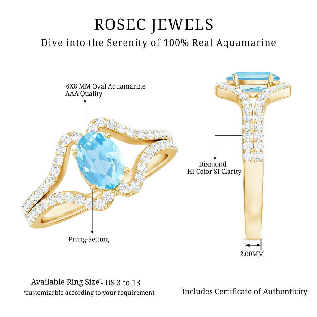 Aquamarine Engagement Ring – Oval 6x8mm Blue Aquamarine with Diamond Split Shank Design